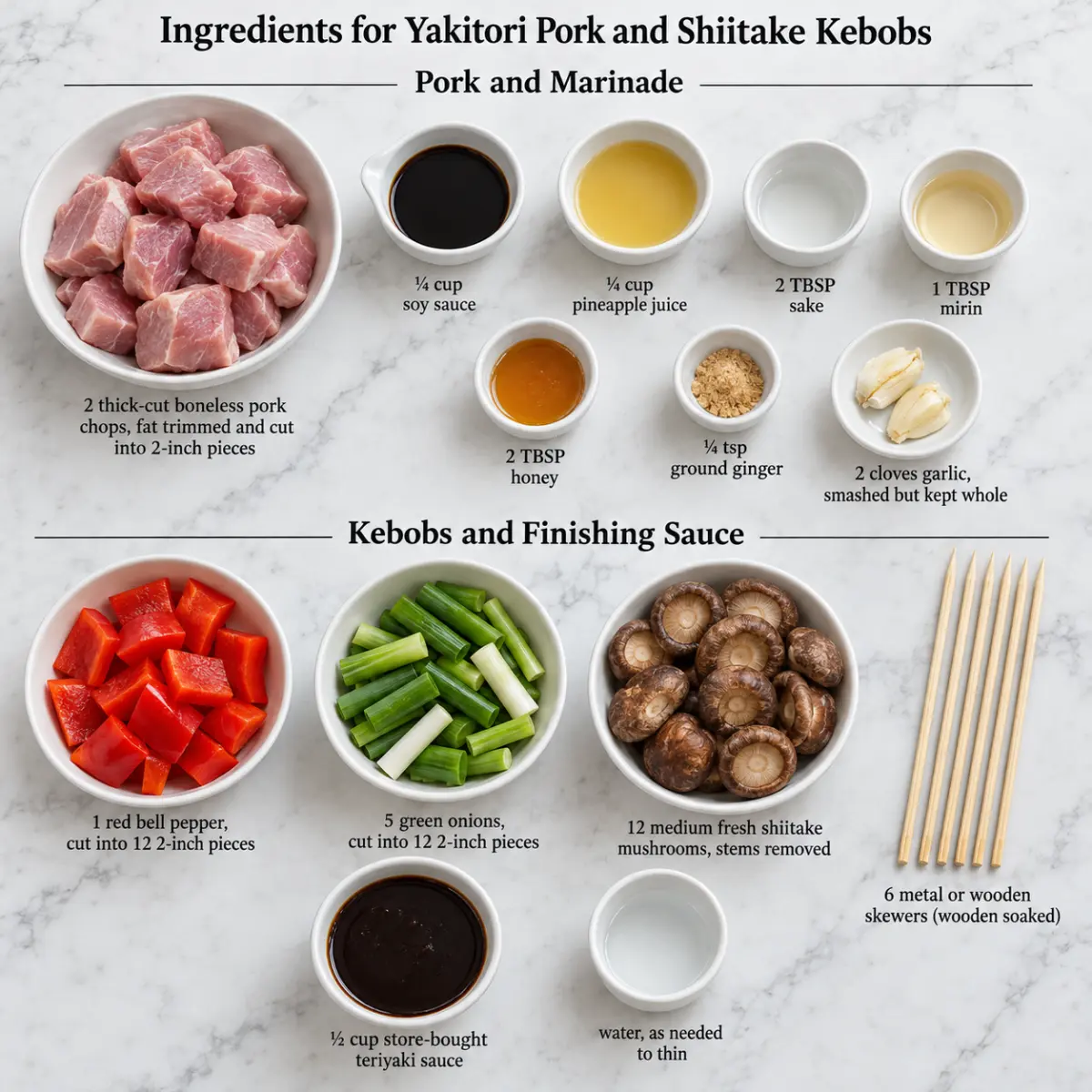 Ingredients for Yakitori Pork and Shiitake Kebobs.