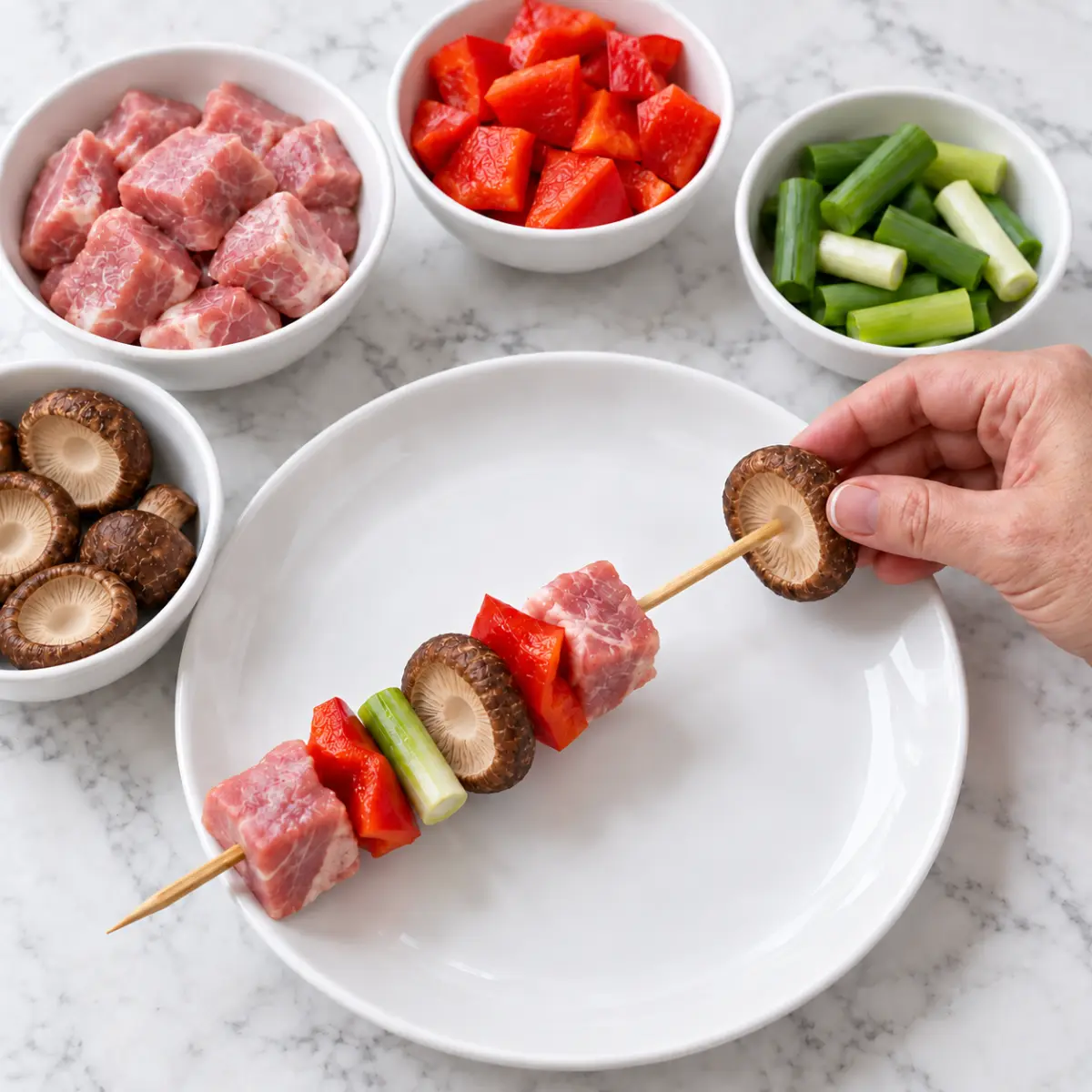 Preparation step for Yakitori Pork and Shiitake Kebobs.