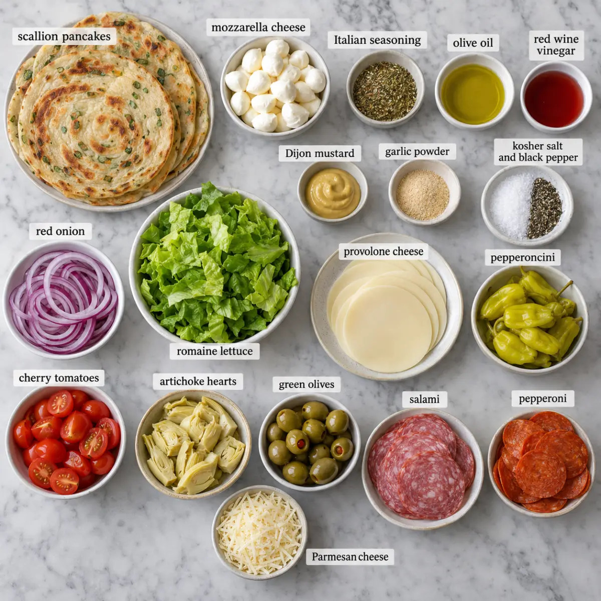 Ingredients for Antipasto Salad Pancake Taco.
