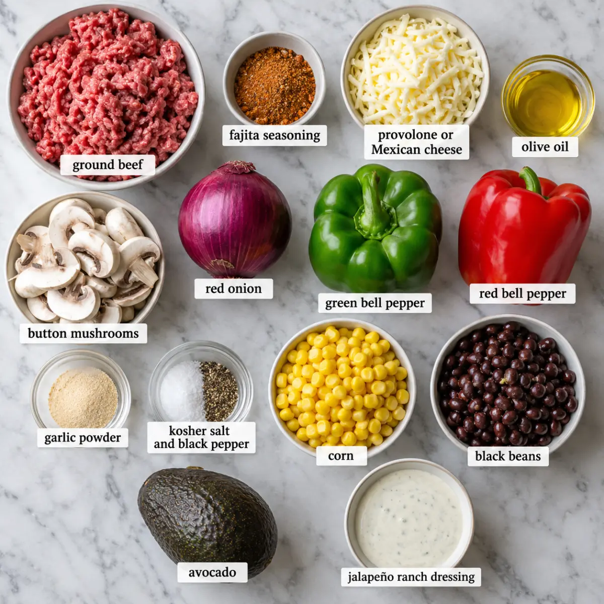 Ingredients for Cheeseburger Fajita Bowl.