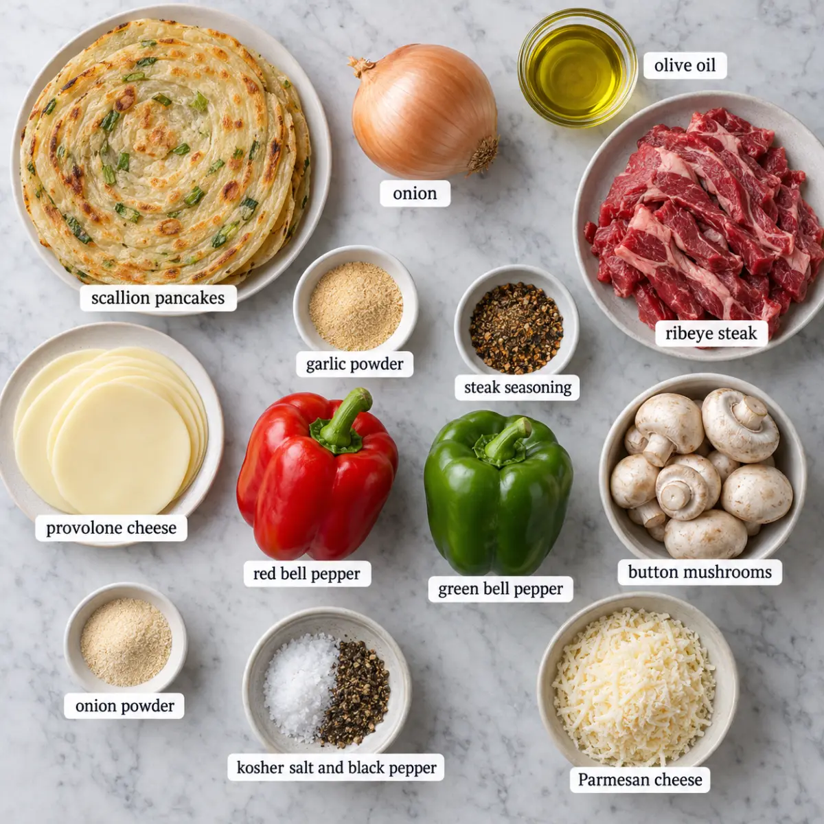 Ingredients for Cheesesteak Scallion Pancake Taco.