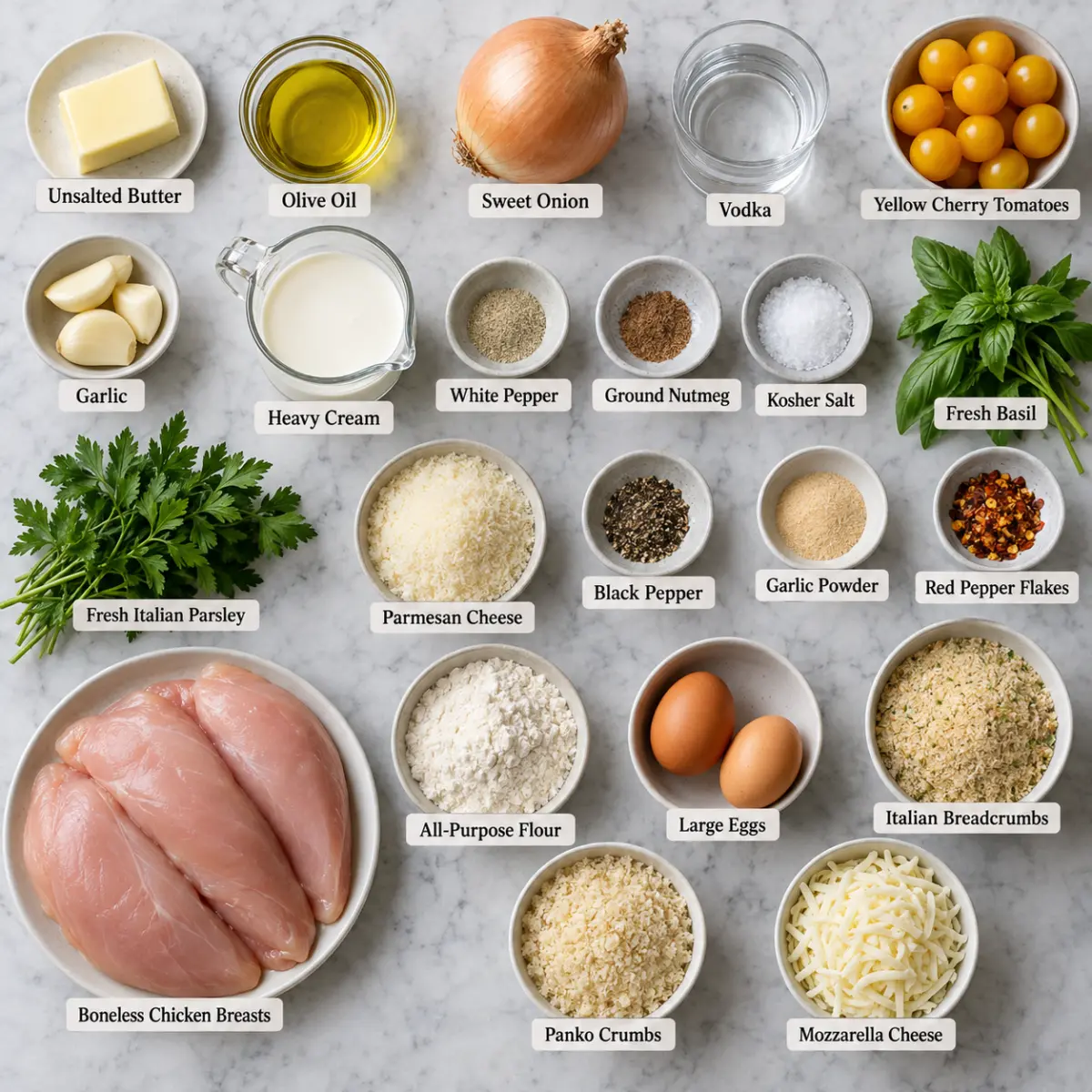 Ingredients for Chicken Cutlets with “Green Velvet” Vodka Sauce.