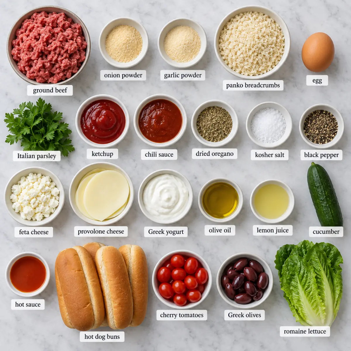 Ingredients for Greek Meatloaf Hot Dogs.