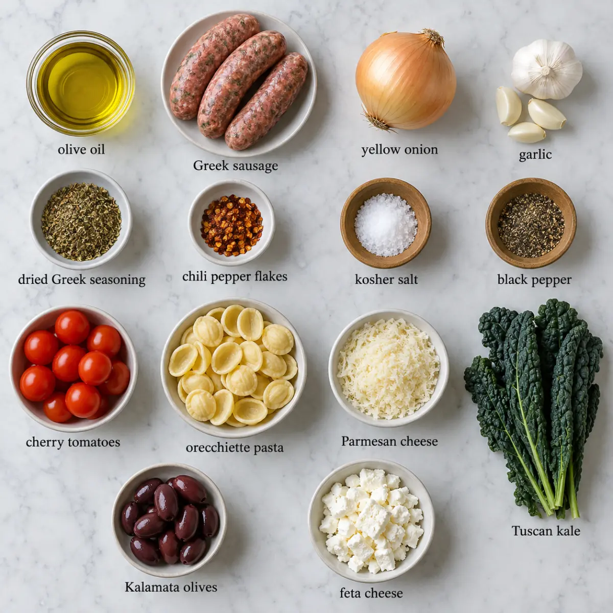 Ingredients for Greek Orecchiette Pasta.
