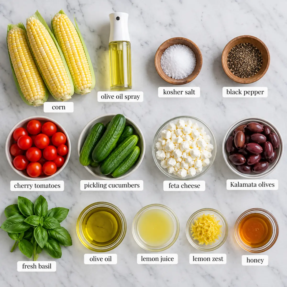 Ingredients for Grilled Corn Greek Salad.