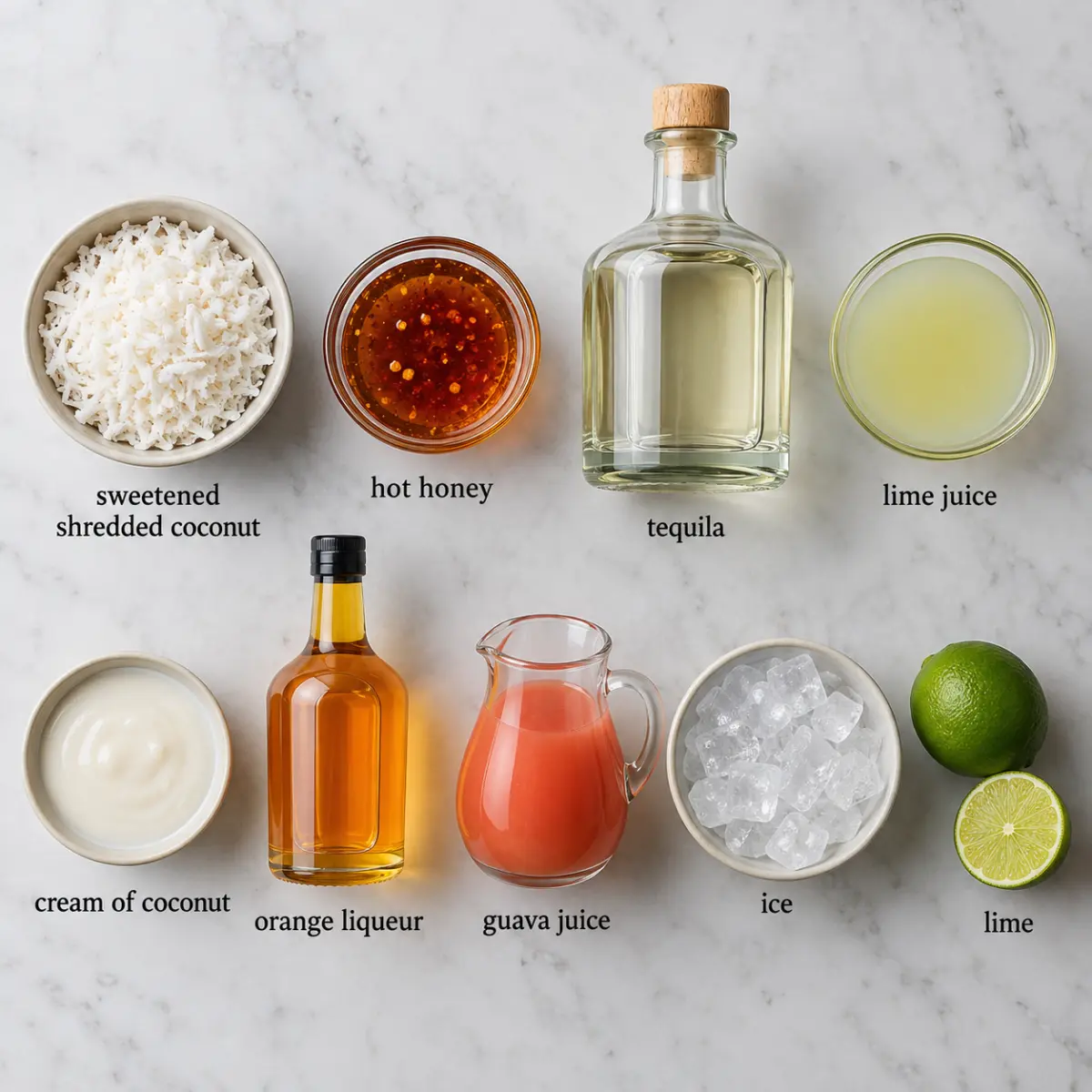 Ingredients for Hot Honey Coconut and Guava Margarita.