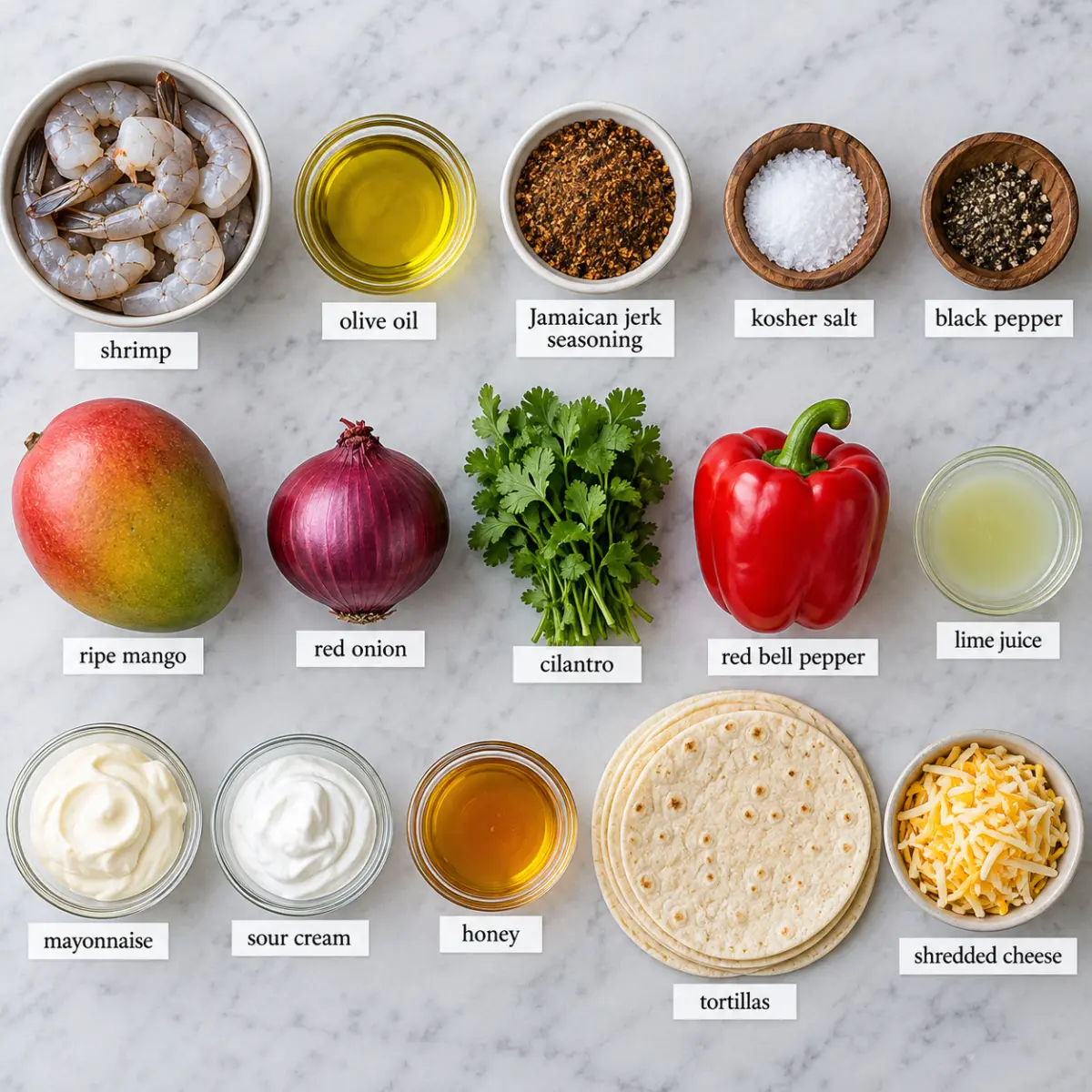 Ingredients for Jamaican Jerk Tacos with Spicy Jerk Aioli and Mango Salsa.