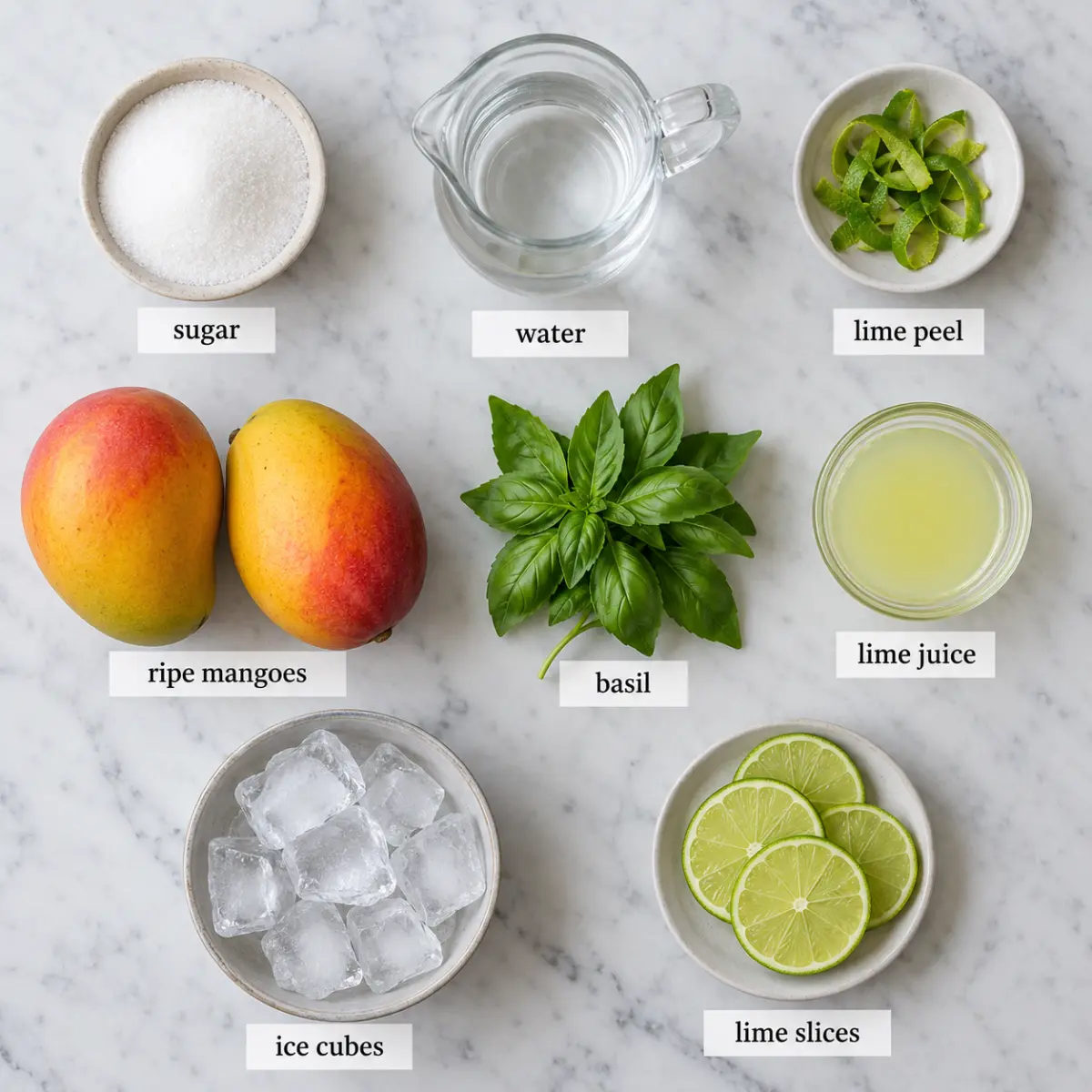 Ingredients for Mango Basil Limeade.