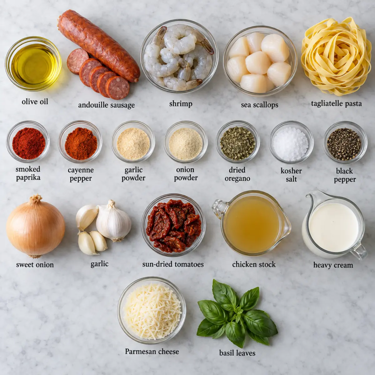 Ingredients for Mary Me Cajun Seafood Pasta.
