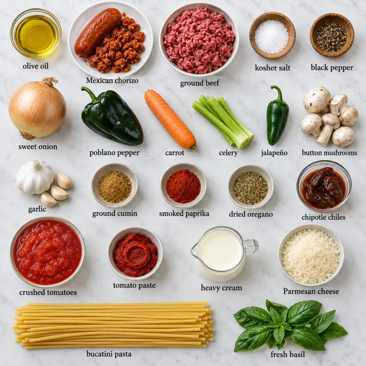 Ingredients for Mexican Bolognese Bucatini.