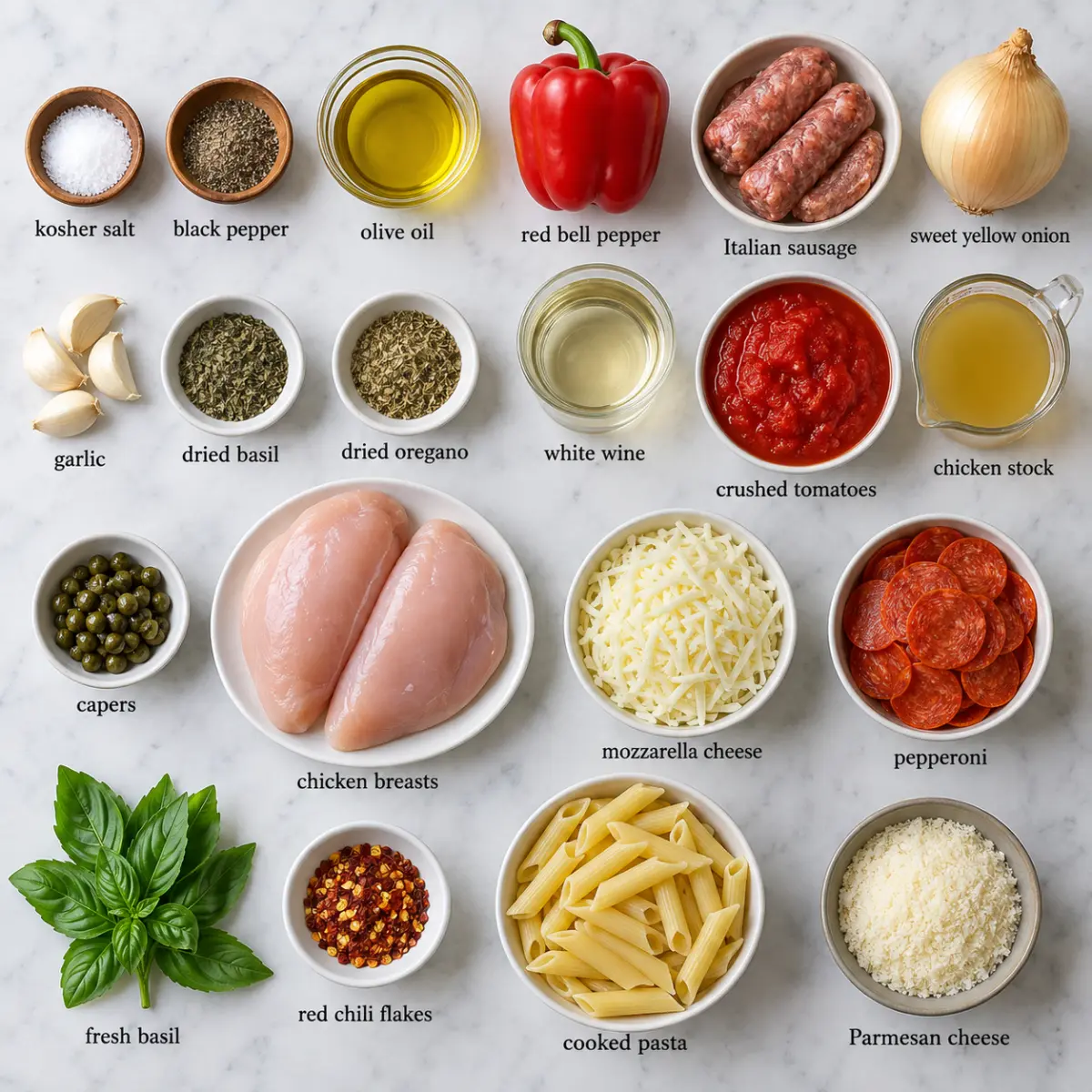 Ingredients for Pepperoni Pizza Chicken Cacciatore.