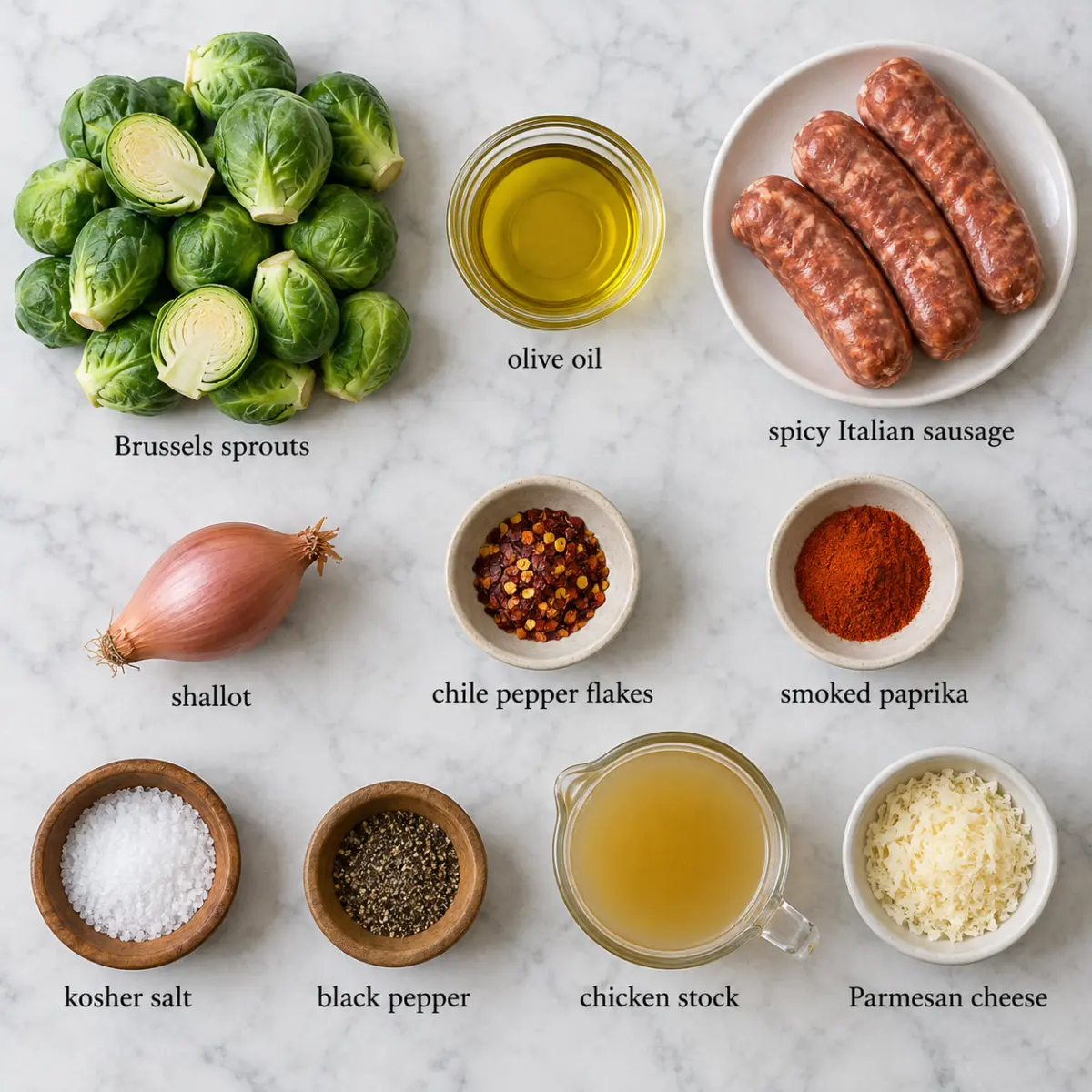 Ingredients for Sliced Brussels Sprouts with Italian Sausage.
