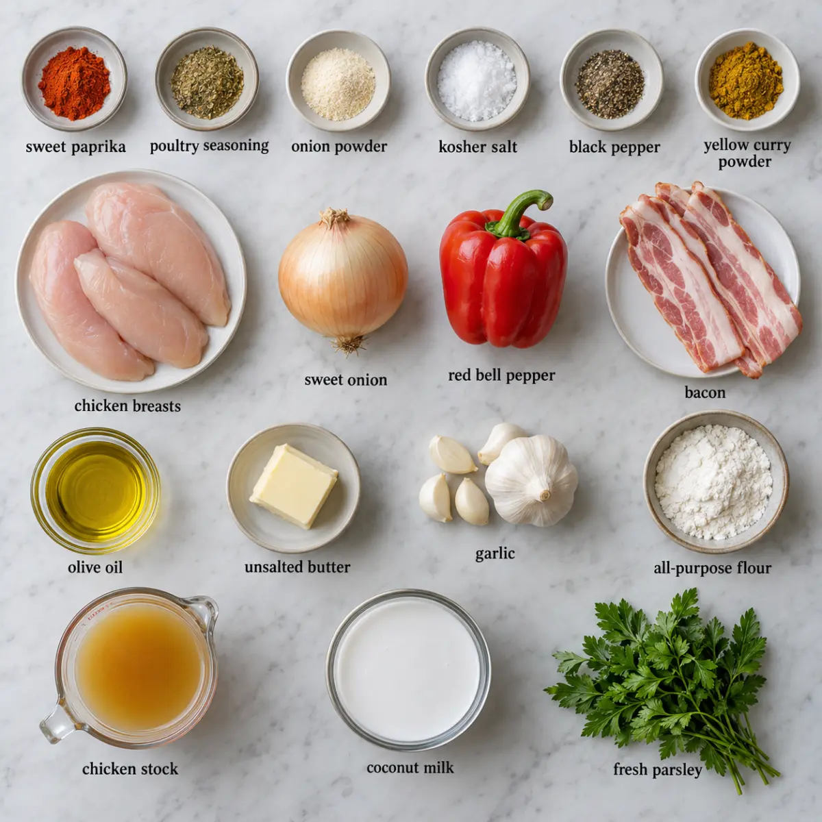 Ingredients for Smothered Coconut Curry Chicken.