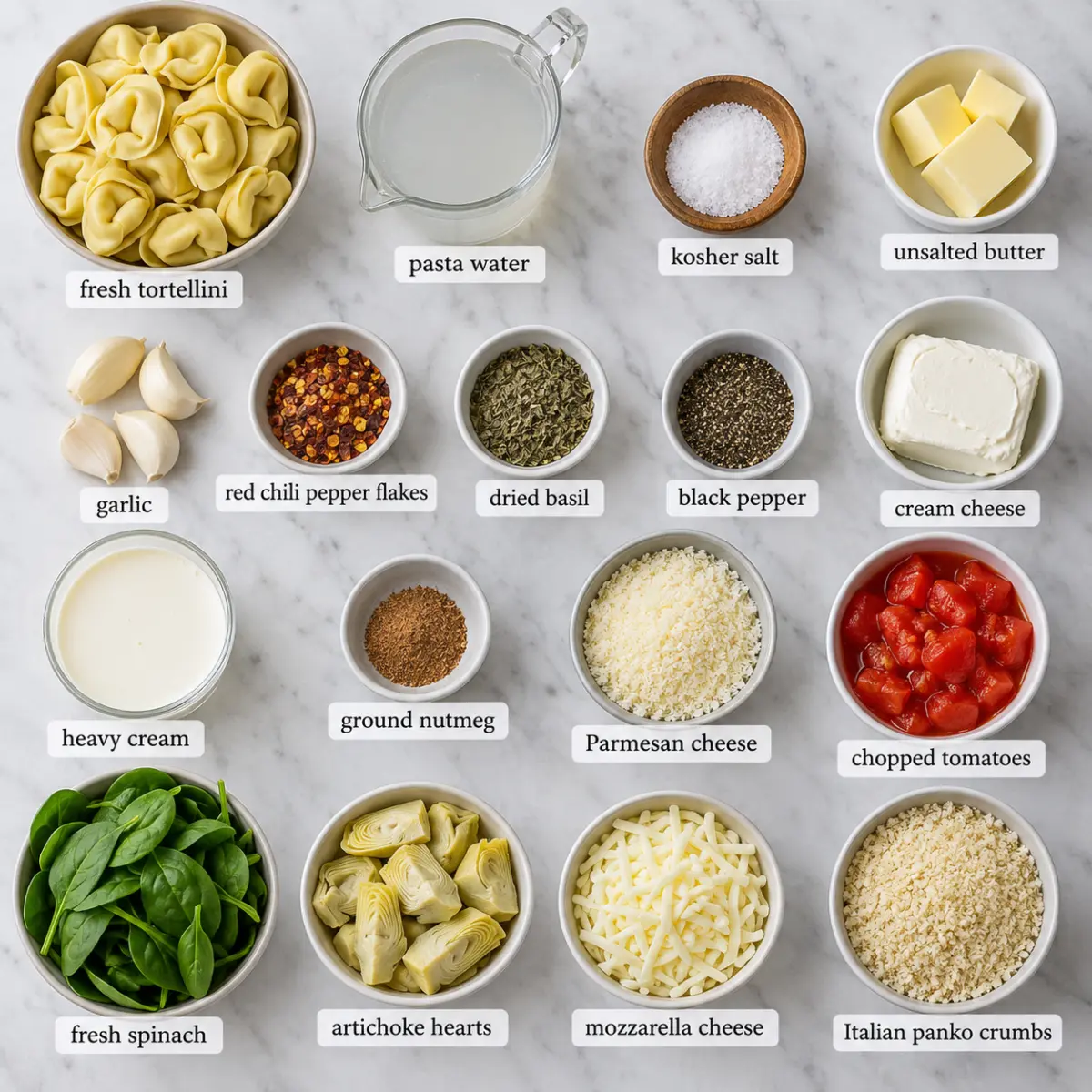 Ingredients for Spinach/Artichoke Dip Tortellini.