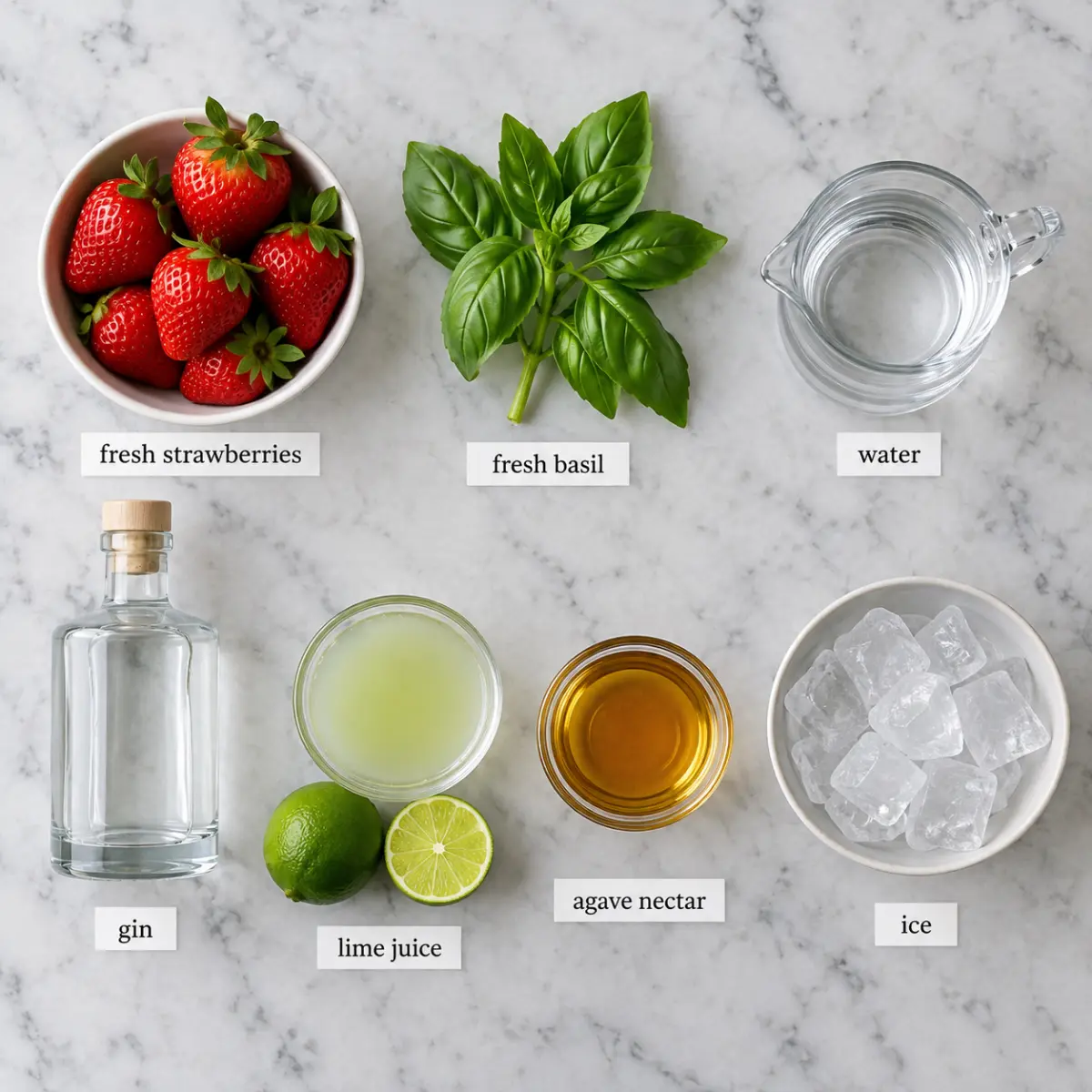 Ingredients for Strawberry Basil Southside.