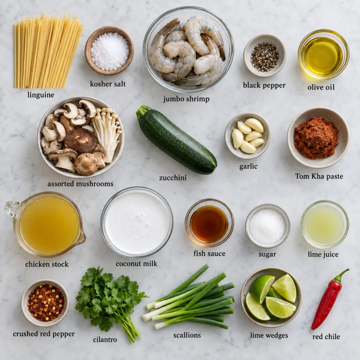 Ingredients for Tom Kha Shrimp Linguine Bowls.