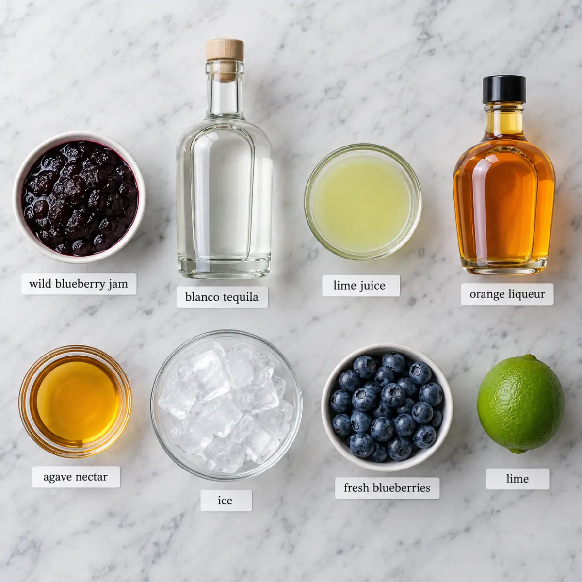 Ingredients for Wild Blueberry Jam Margarita.