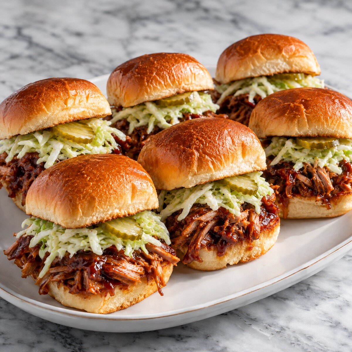 Toasted slider rolls filled with shredded barbecue rib meat, cabbage slaw and pickles.