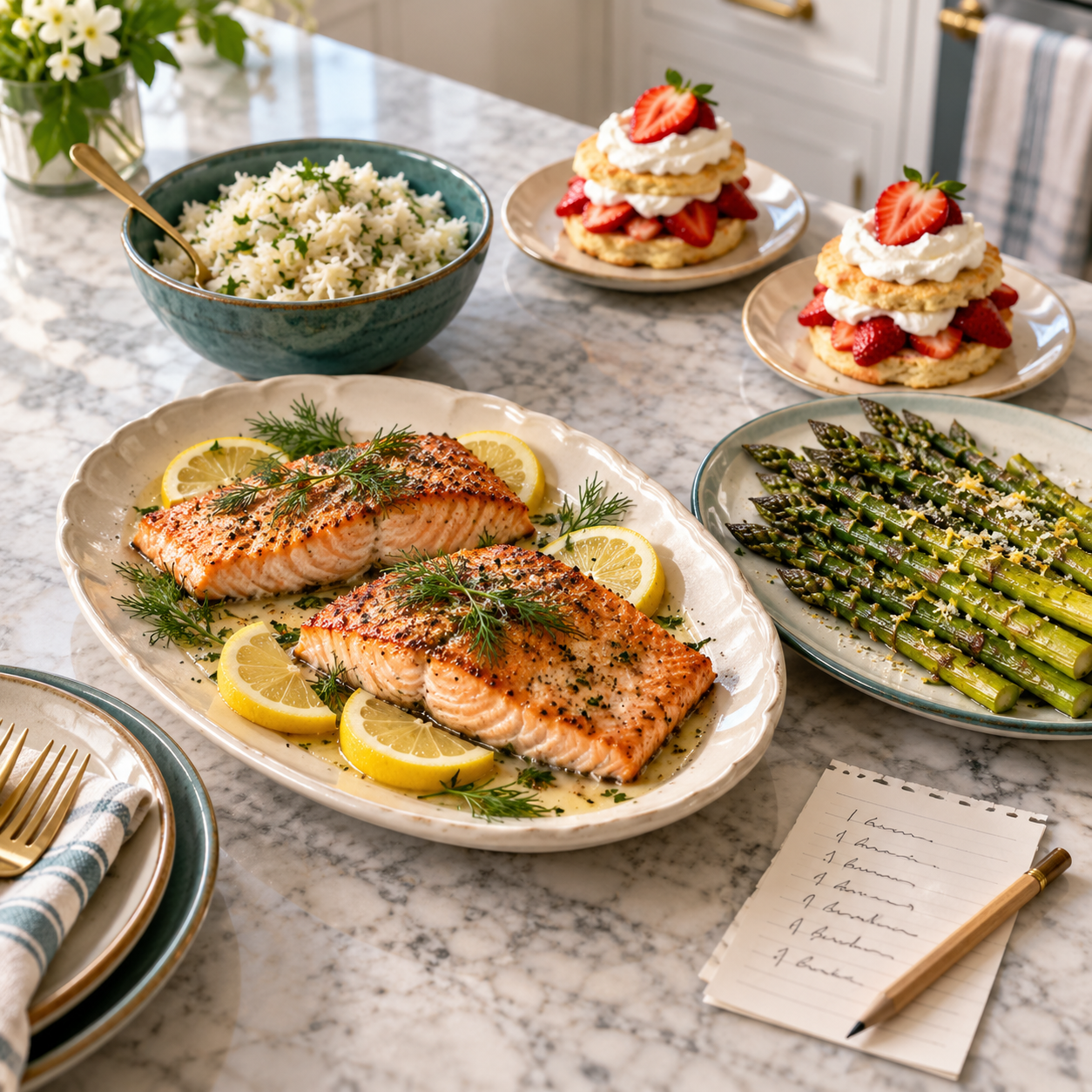 A complete salmon dinner with rice, asparagus and strawberry shortcakes.