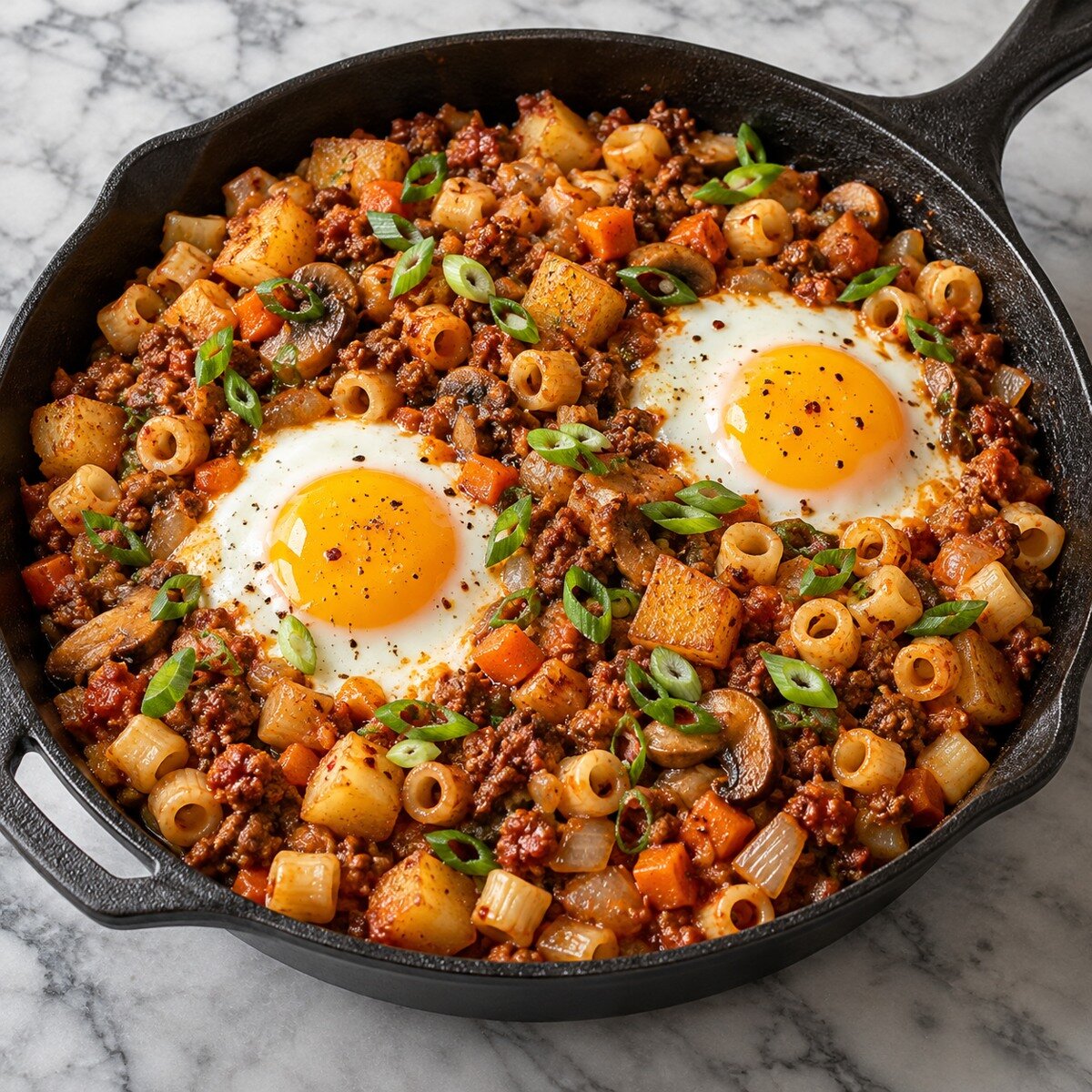 Bulgogi pasta and golden potato breakfast hash topped with two eggs and sliced green onions.
