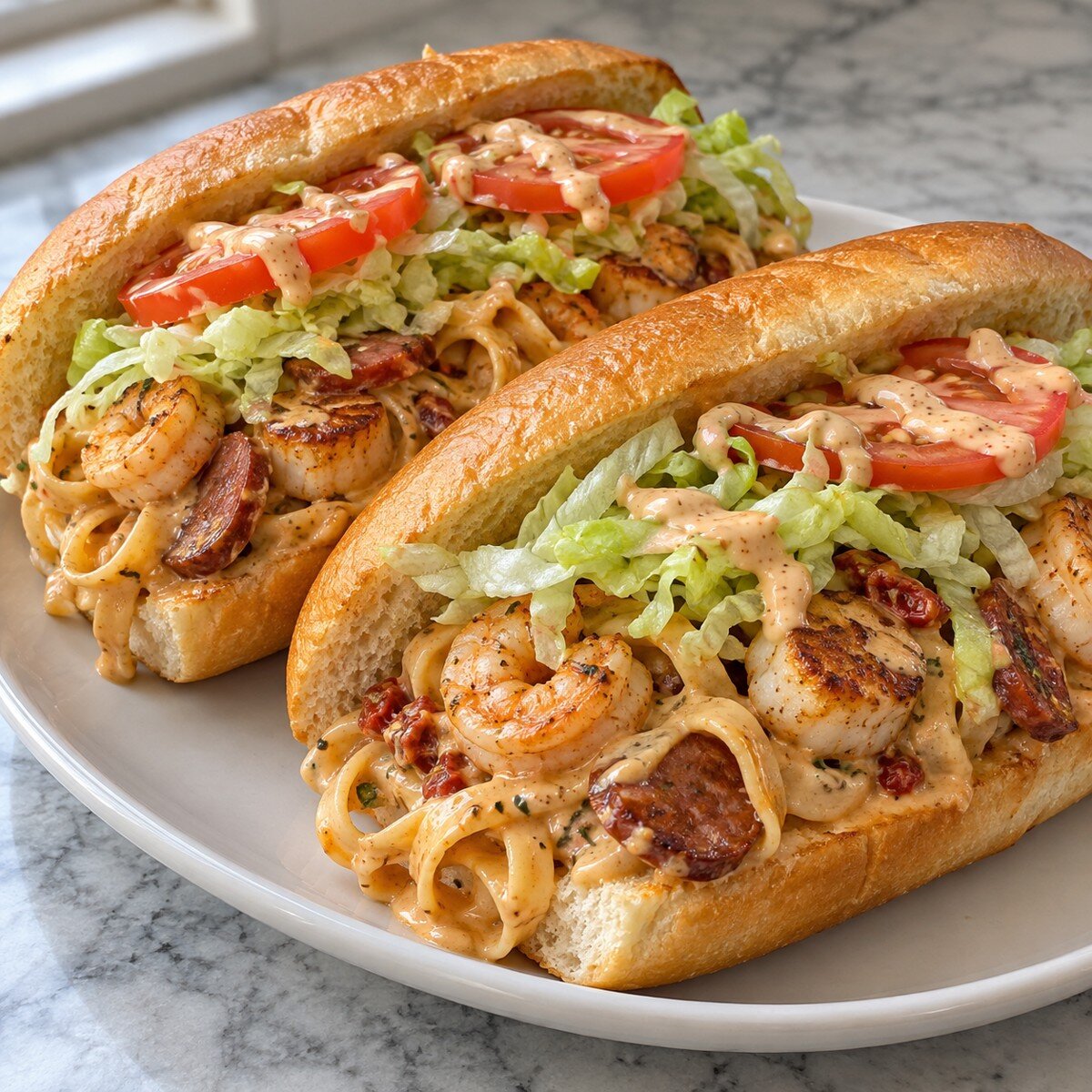 Cajun Seafood Po’ Boy Sandwiches (makes 2 sandwiches) — AI-generated finished-dish illustration for owner review