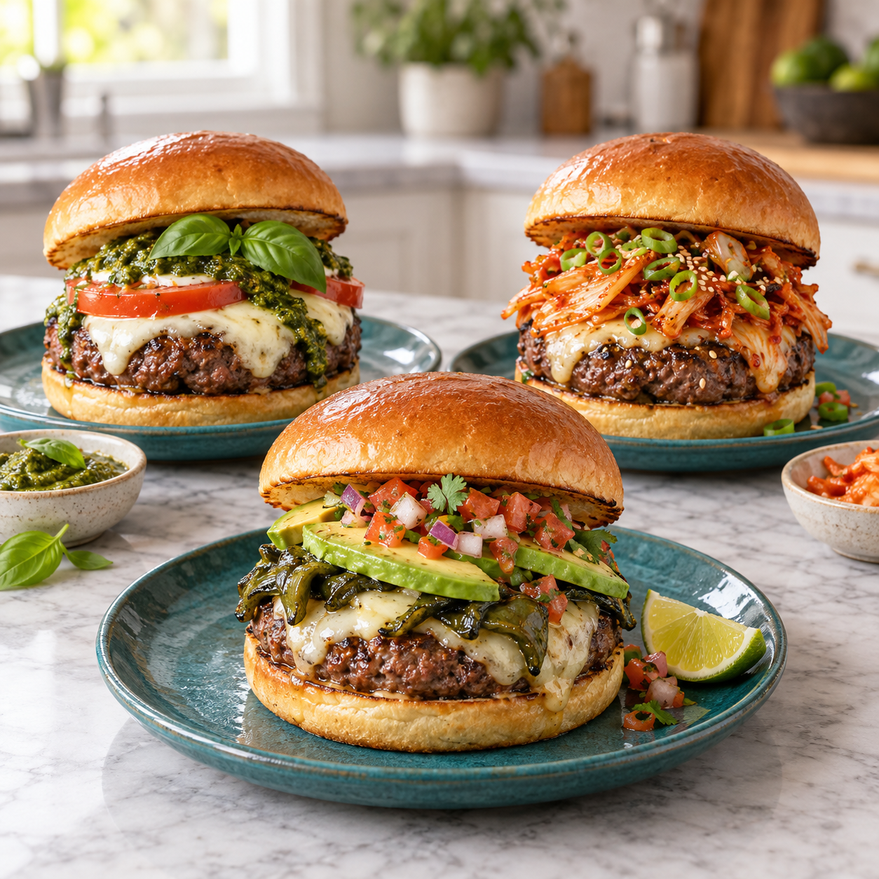 Three burgers with Italian pesto, Korean kimchi and Mexican poblano and avocado toppings.