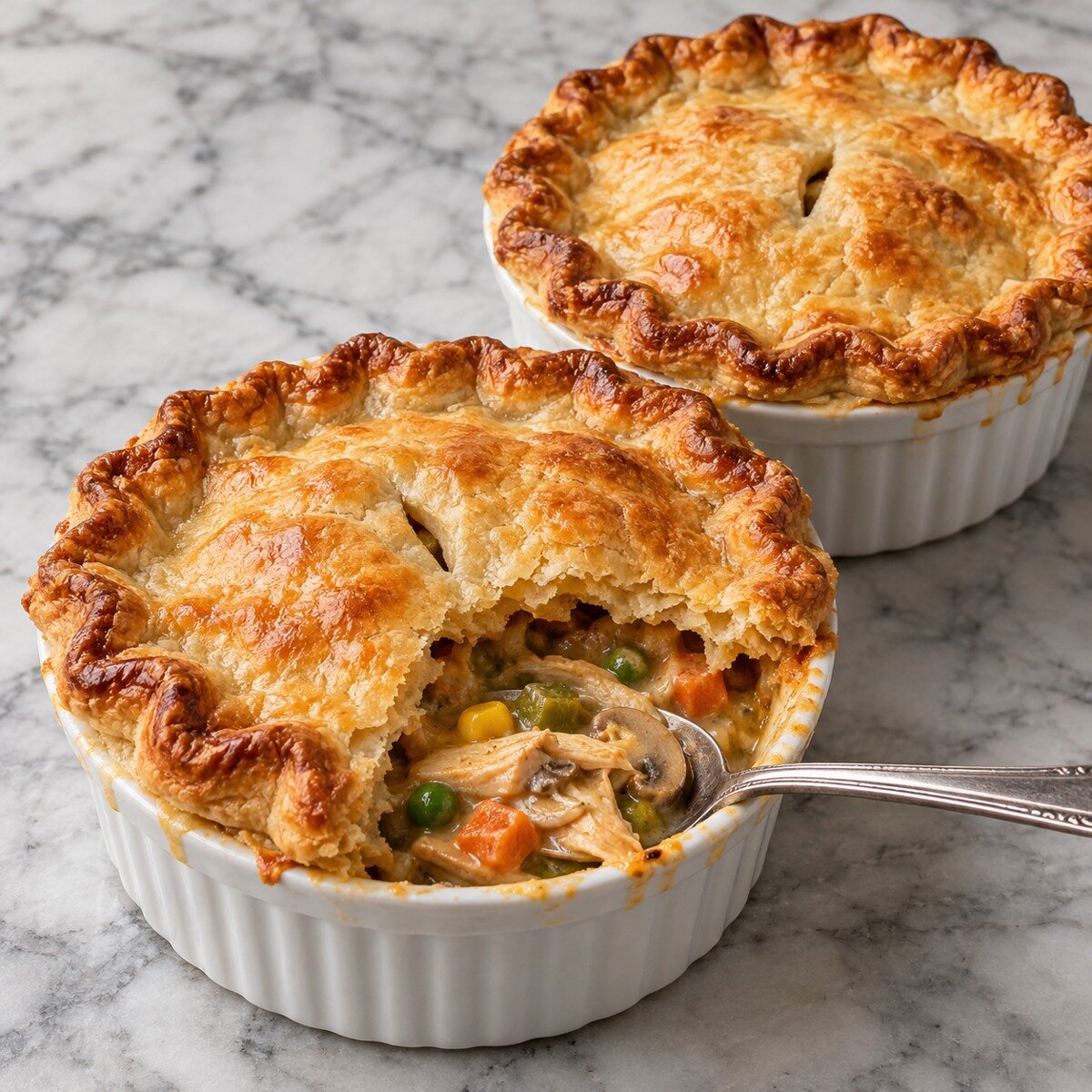Two individual golden-crusted chicken pot pies with creamy green-chile filling and vegetables.