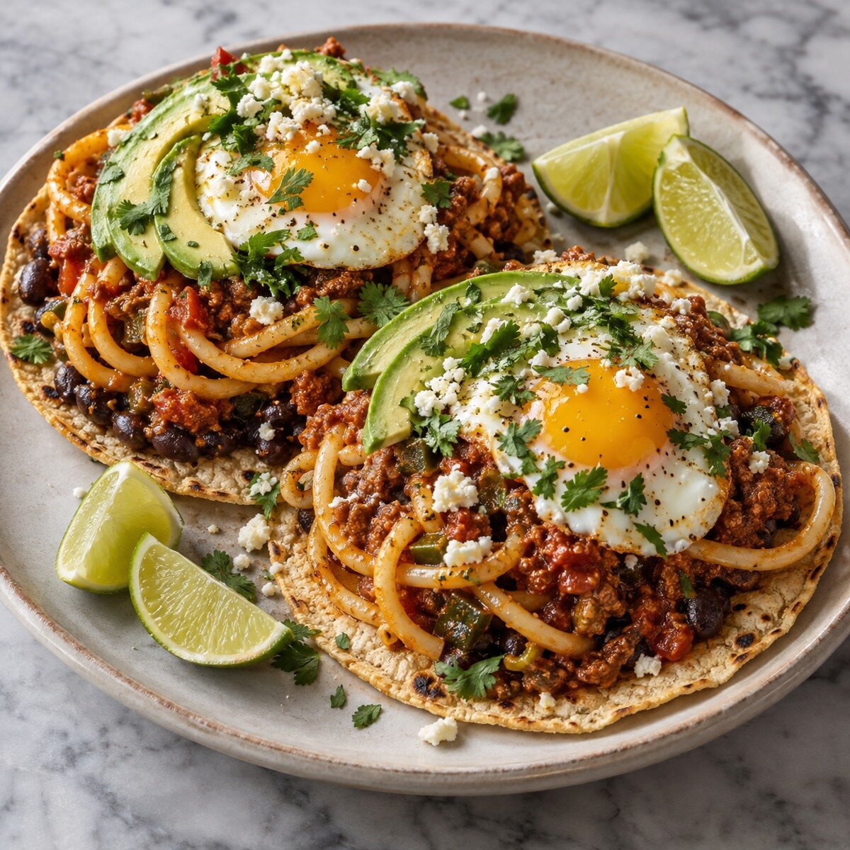 Corn tortillas topped with black beans, Mexican Bolognese bucatini, fried eggs, avocado and queso fresco.