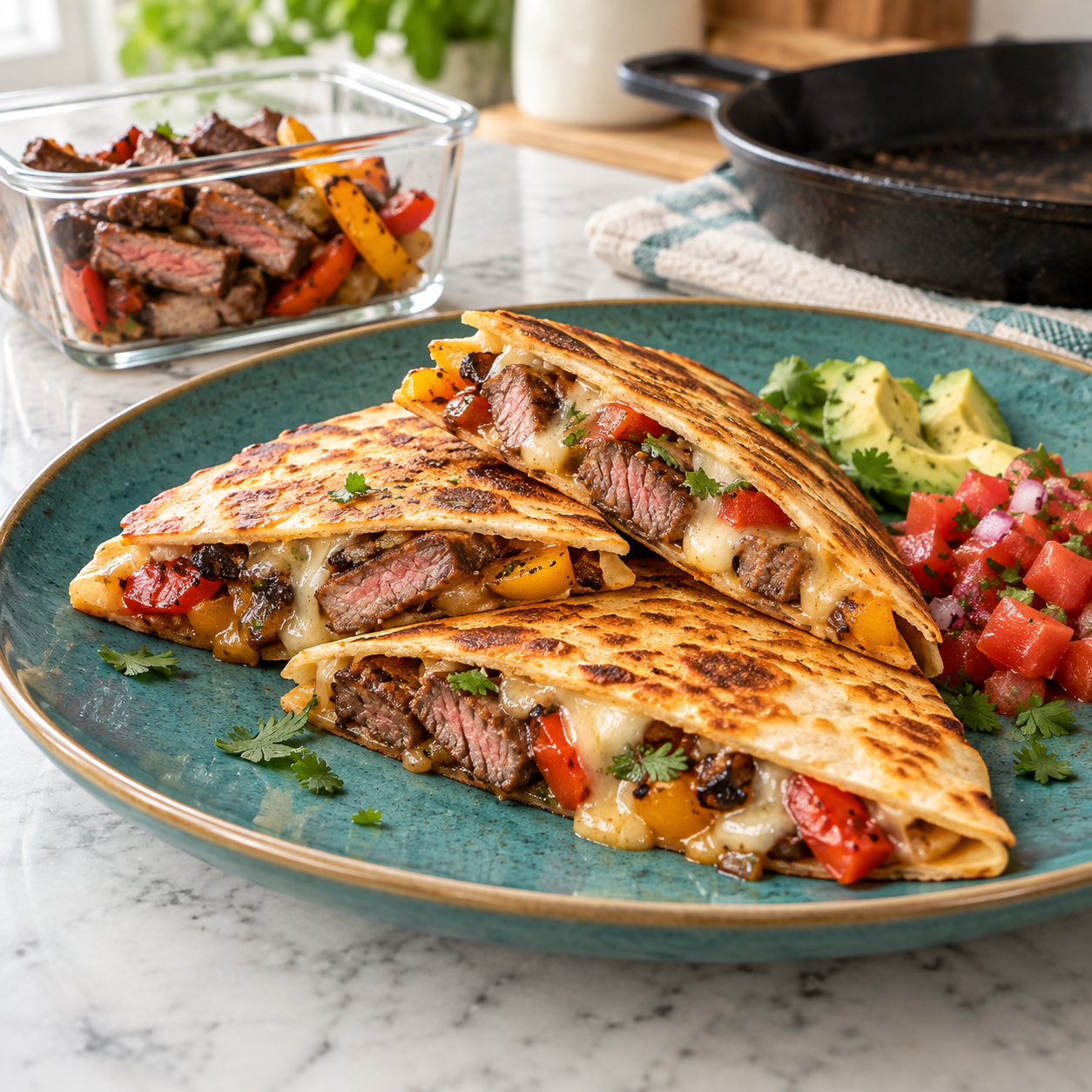 Steak and pepper leftovers transformed into golden quesadillas.