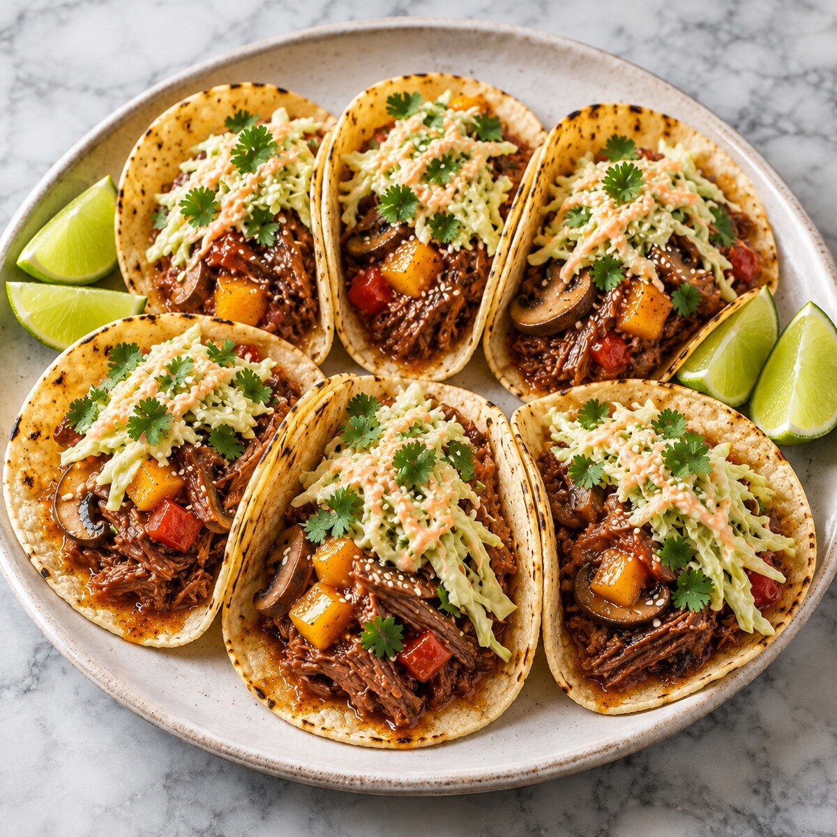 Six pulled-beef tacos with miso-mango sauce, creamy cabbage slaw, cilantro and lime.