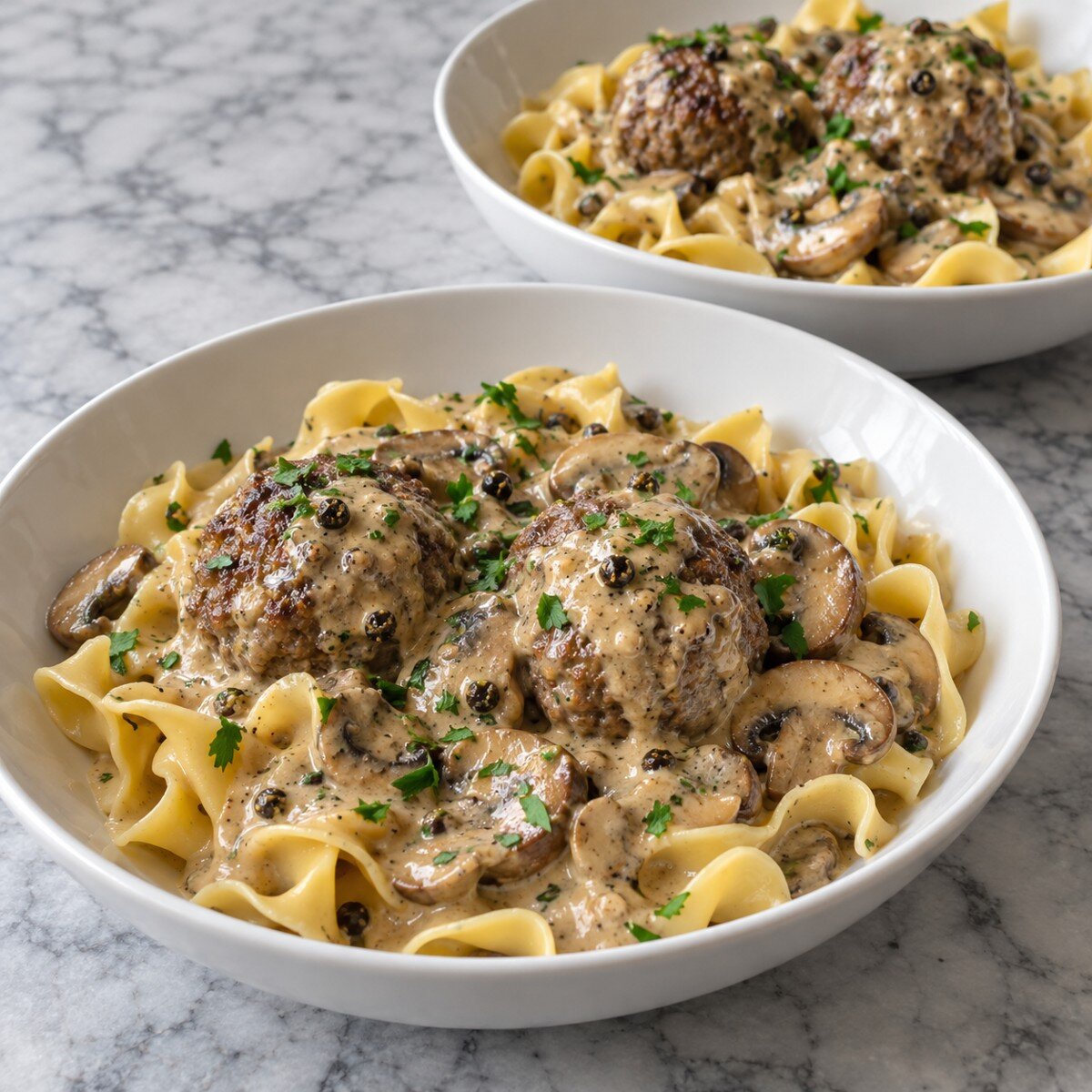 Peppercorn Meatball Stroganoff over Egg Noodles (2 servings) — AI-generated finished-dish illustration for owner review