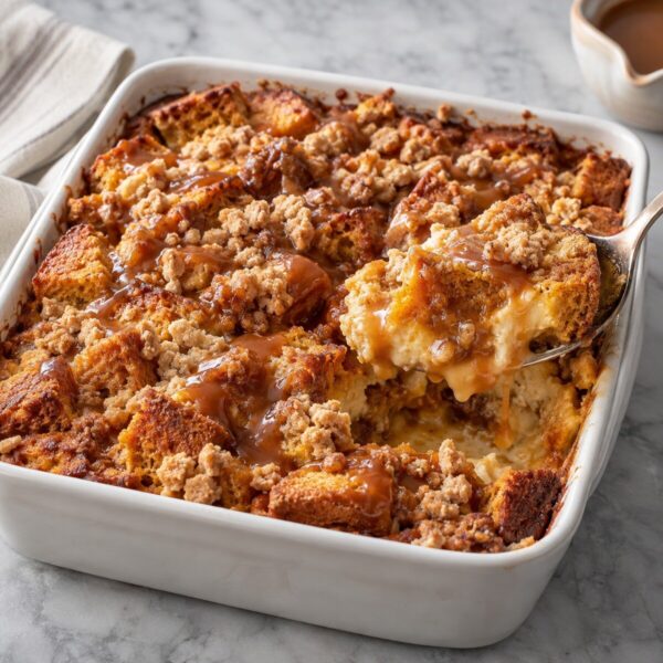 Pumpkin Coffee Cake Bread Pudding with Warm Caramel (dessert or brunch)