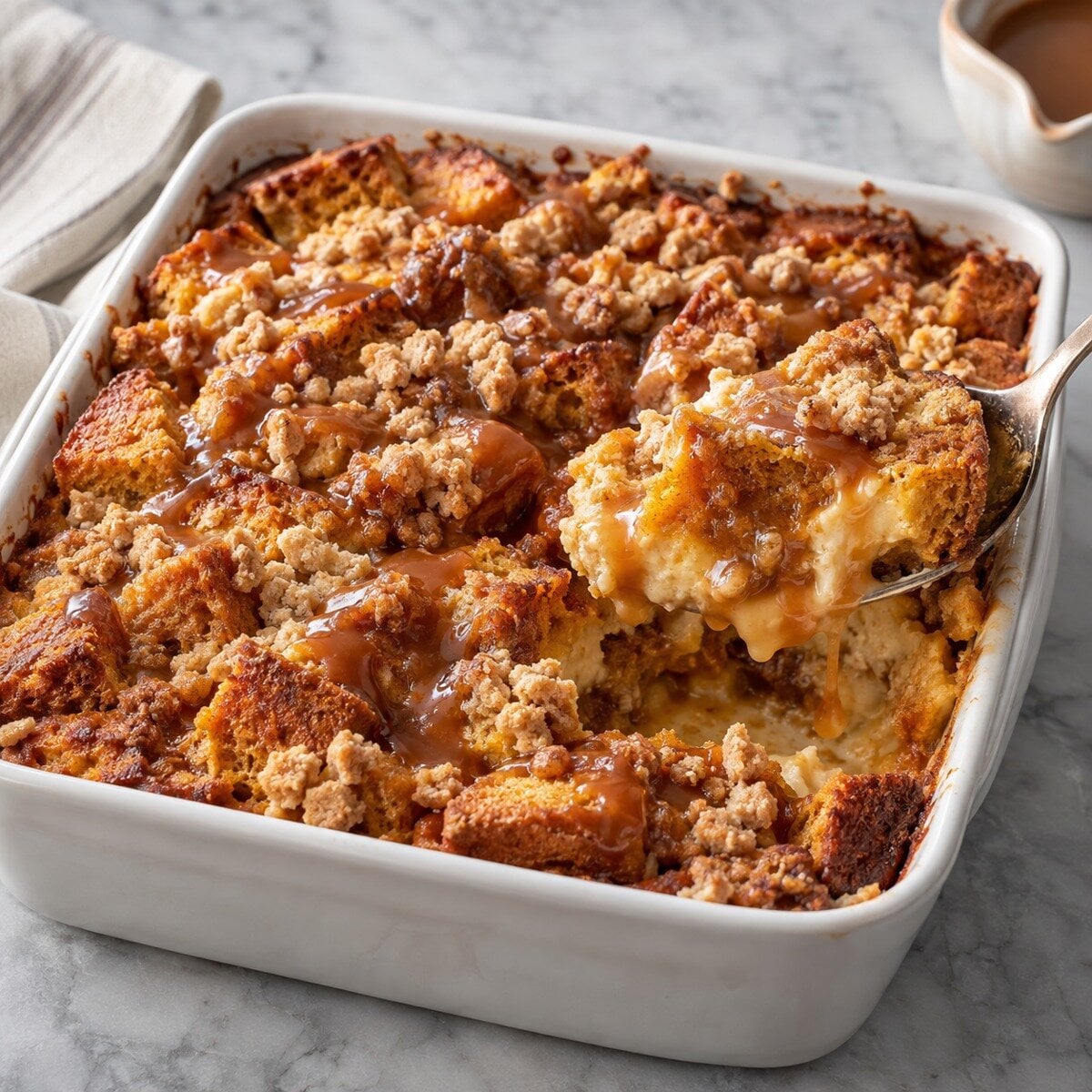Pumpkin Coffee Cake Bread Pudding with Warm Caramel (dessert or brunch) — AI-generated illustration of the selected leftover recipe.