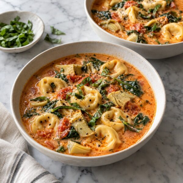 Tomato‑Basil Tortellini Soup with Spinach & Artichoke (2 bowls)