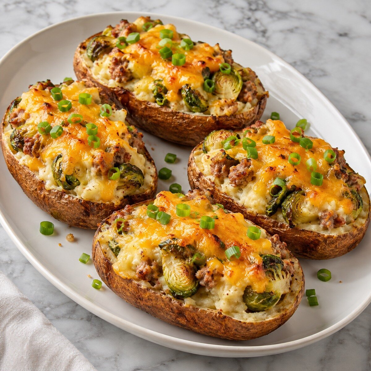 Twice‑Baked Potato Boats Topped with Sausage & Brussels Sprouts — AI-generated illustration of the selected leftover recipe.