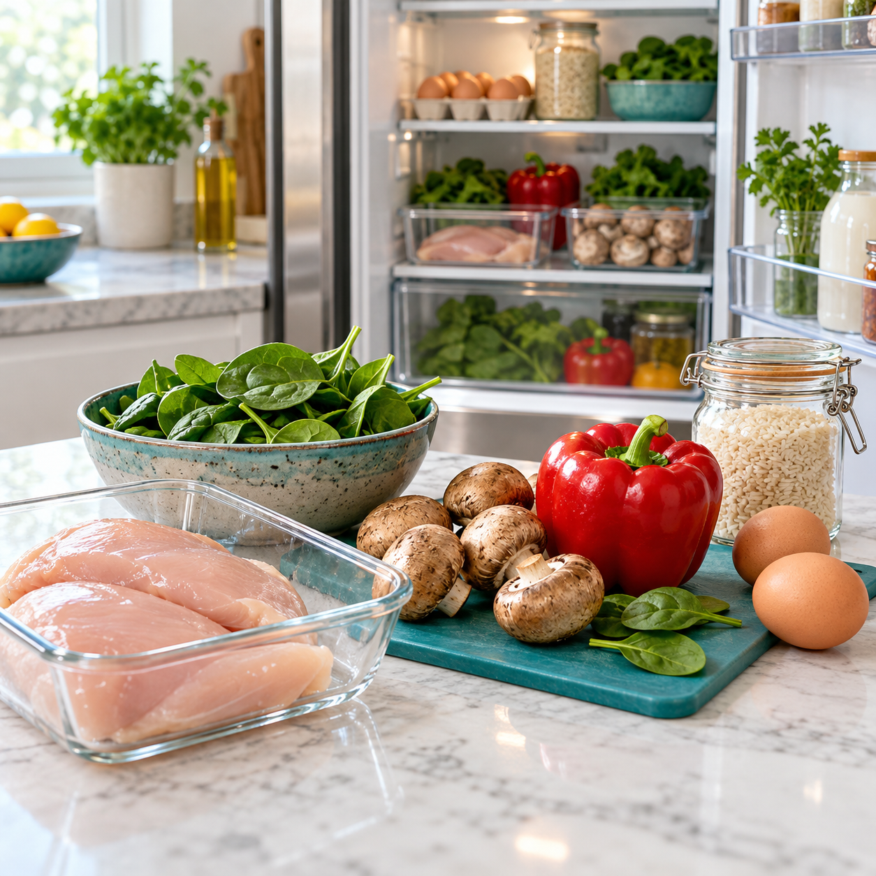 Chicken, mushrooms, spinach, peppers, eggs and rice beside an open refrigerator.
