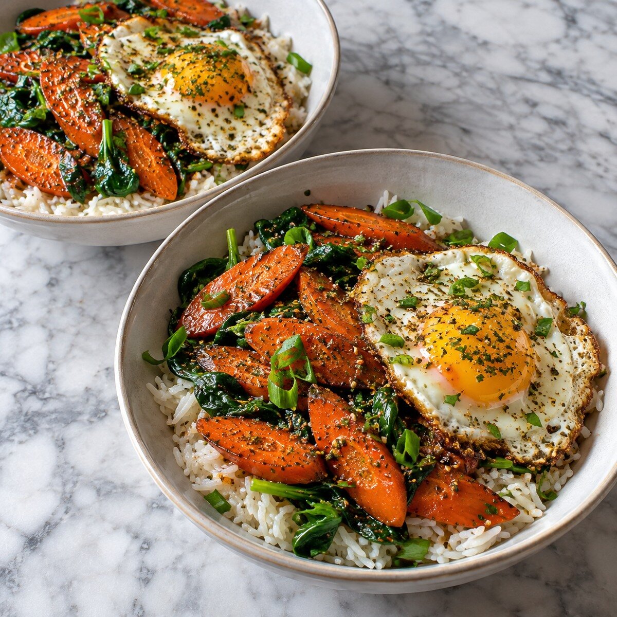 Za’atar Hot-Honey Carrot Rice Bowl with Fried Eggs (2 servings) — AI-generated illustration of the selected leftover recipe.