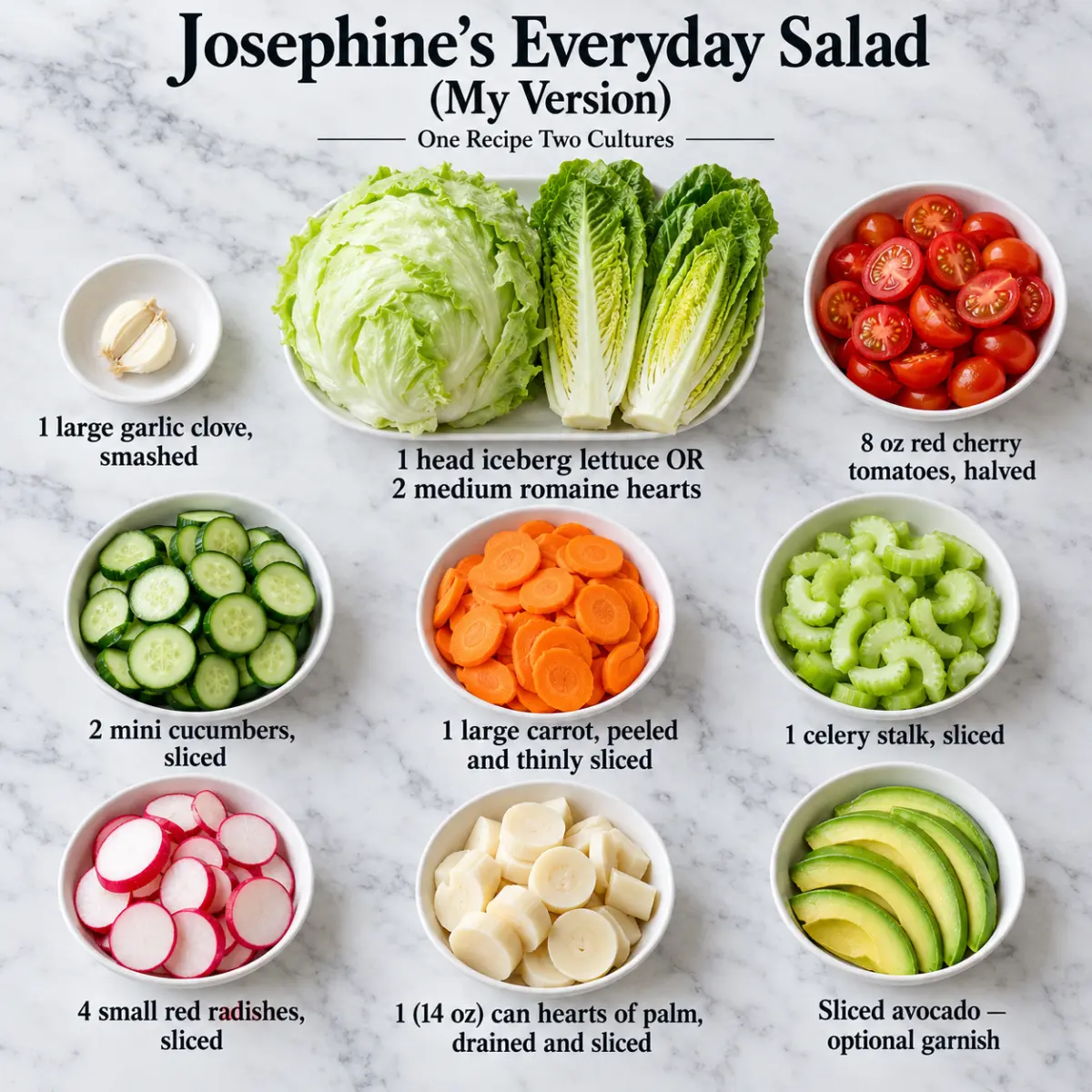 Labeled ingredients for Josephine’s Everyday Salad on gray marble: garlic, iceberg or romaine, tomatoes, cucumbers, carrot, celery, radishes, hearts of palm and optional avocado.