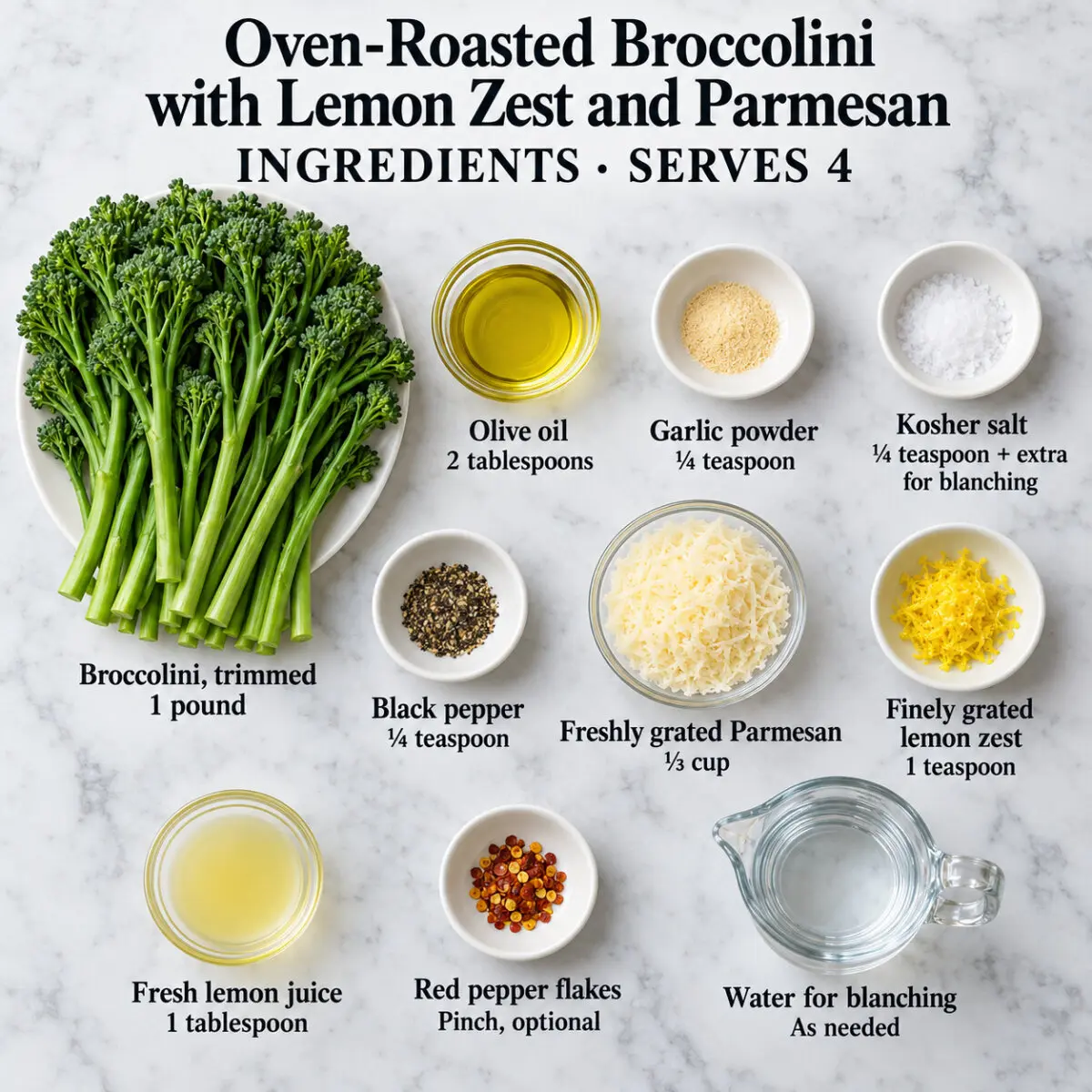 Square ingredient card for oven-roasted broccolini with lemon zest and Parmesan, with labeled ingredients and quantities on gray marble.