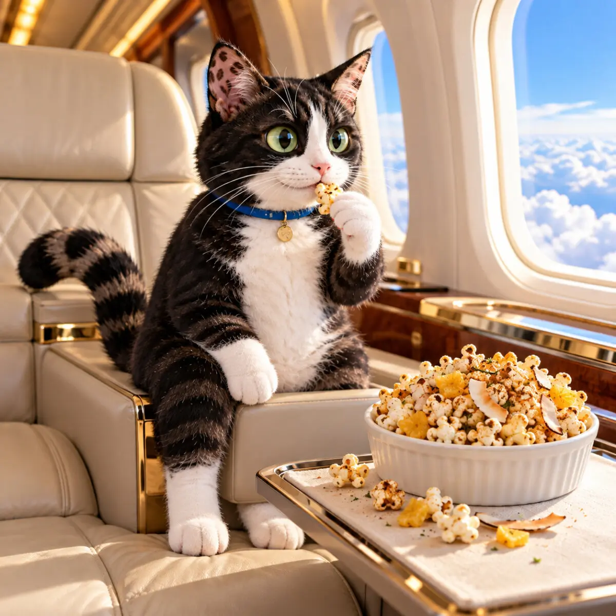Bunny perches on a first-class seat divider with his feet on the cushion, eating Jamaican Jerk Pineapple Kettle Corn with dried pineapple and coconut.