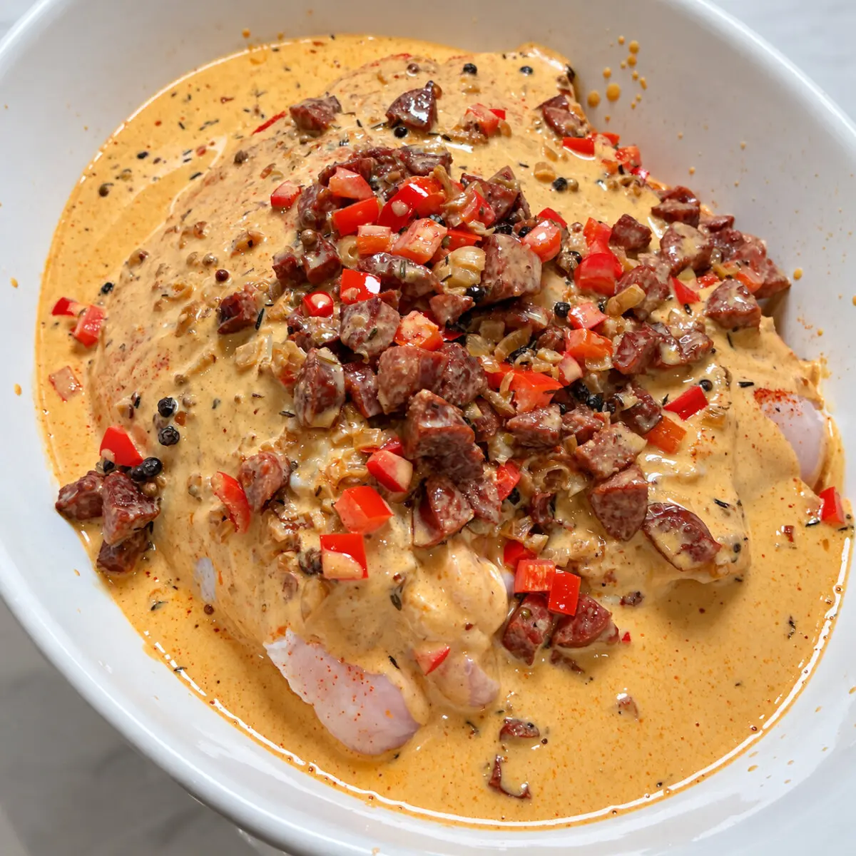 Uncooked turkey breast covered with andouille and red bell pepper cream sauce in a white casserole before roasting.