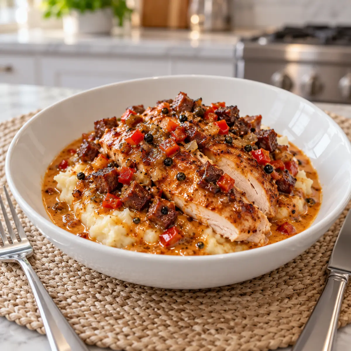 Cajun Turkey au Poivre with Andouille Cream Sauce