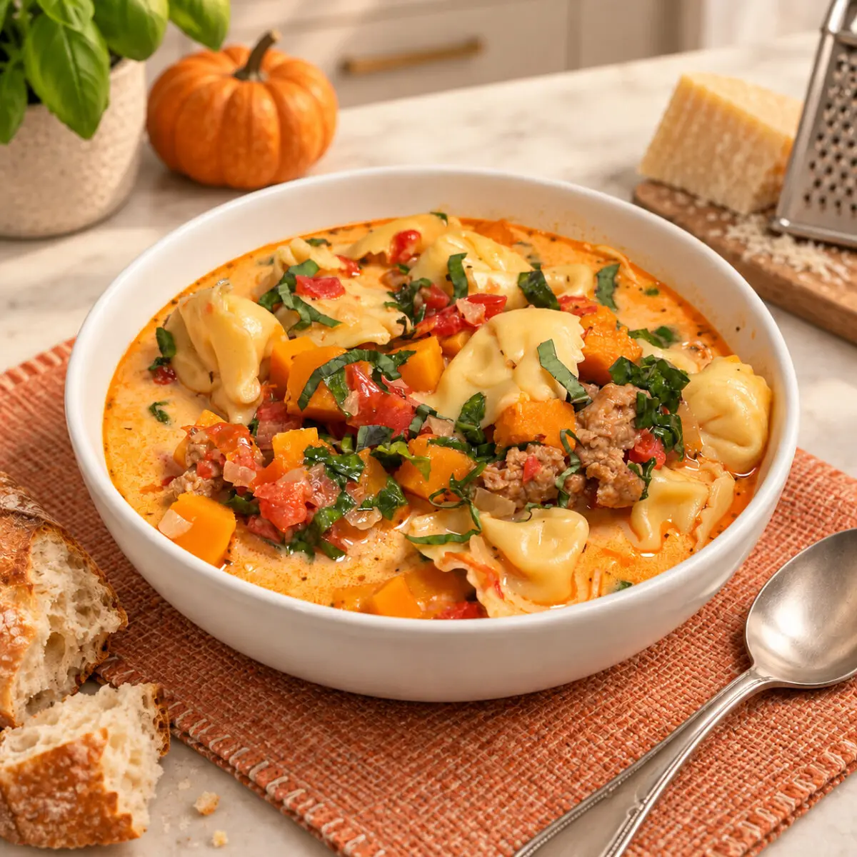 Spicy Sausage and Pumpkin Tortellini Soup