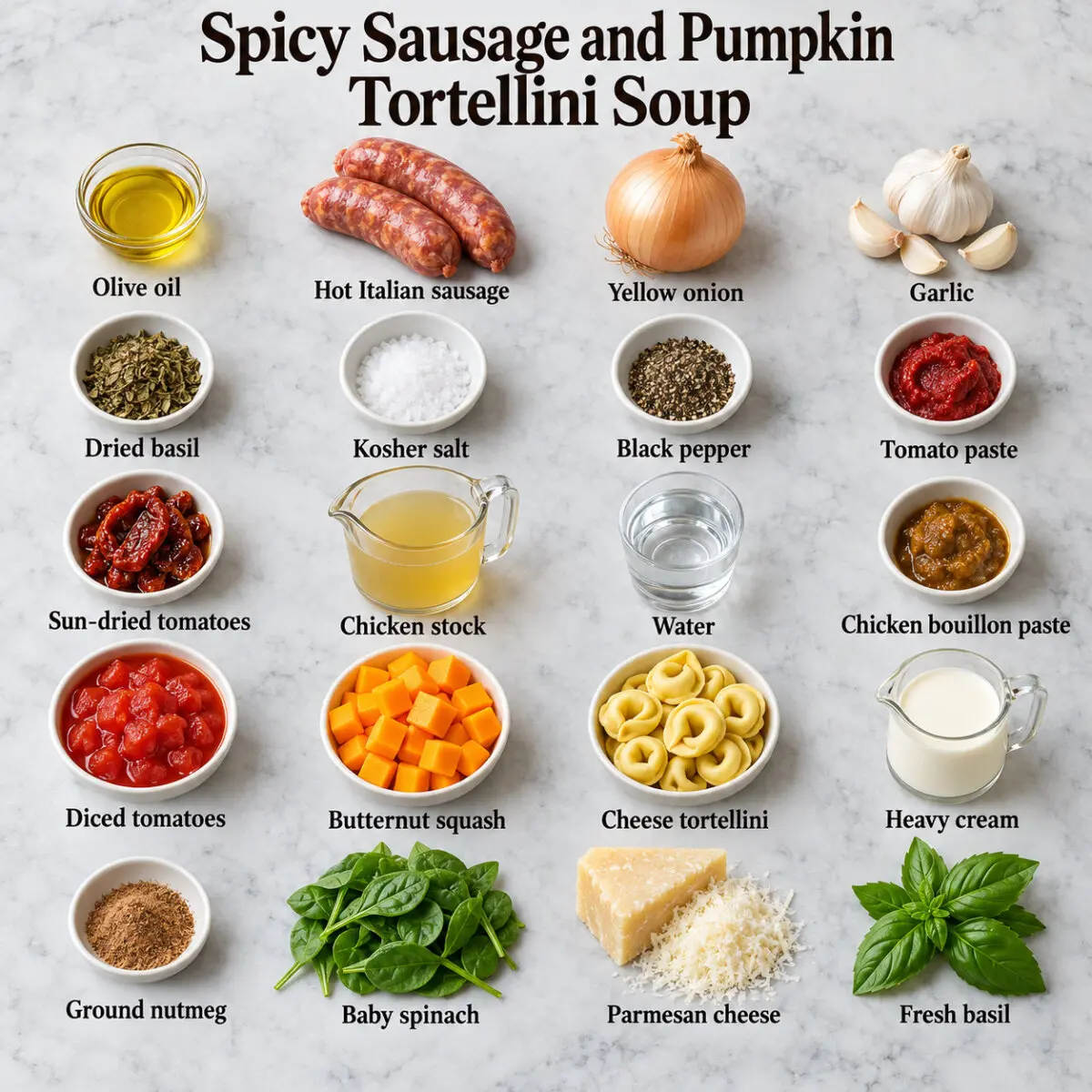 Spicy Sausage and Pumpkin Tortellini Soup ingredient card with ingredient names only on gray marble.