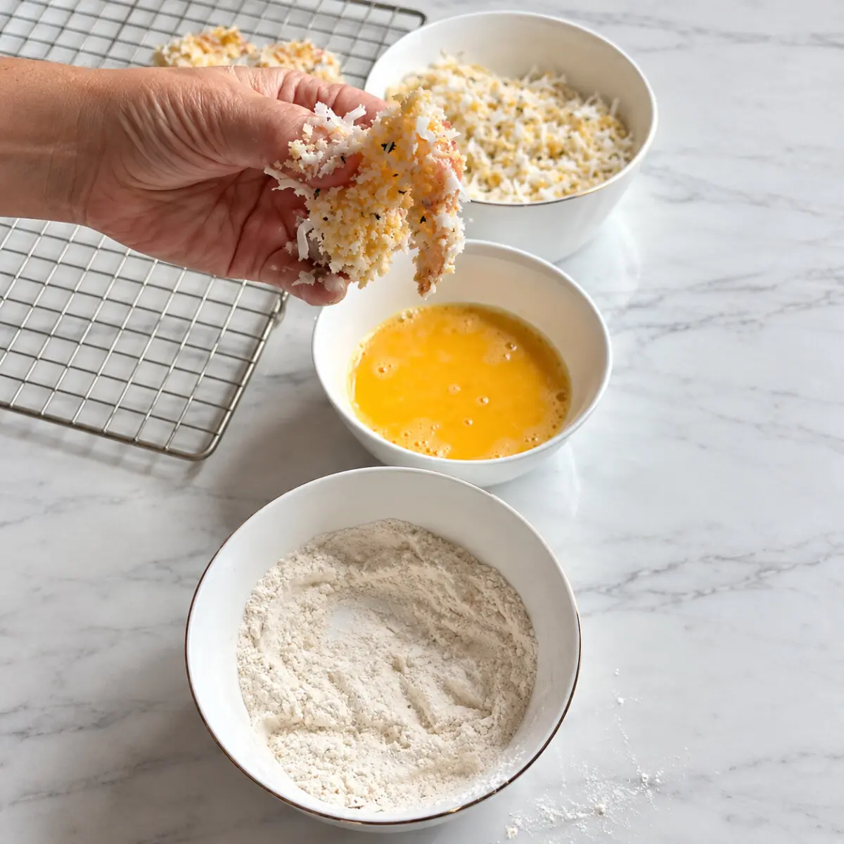 A hand coating shrimp in coconut and panko beside bowls of flour and beaten eggs and a wire rack.