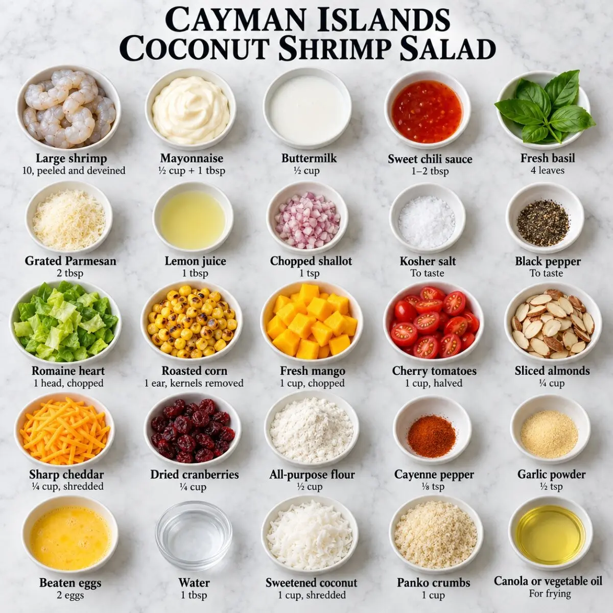 Square Cayman Islands Coconut Shrimp Salad ingredient card with labeled ingredients and quantities on a gray marble background.