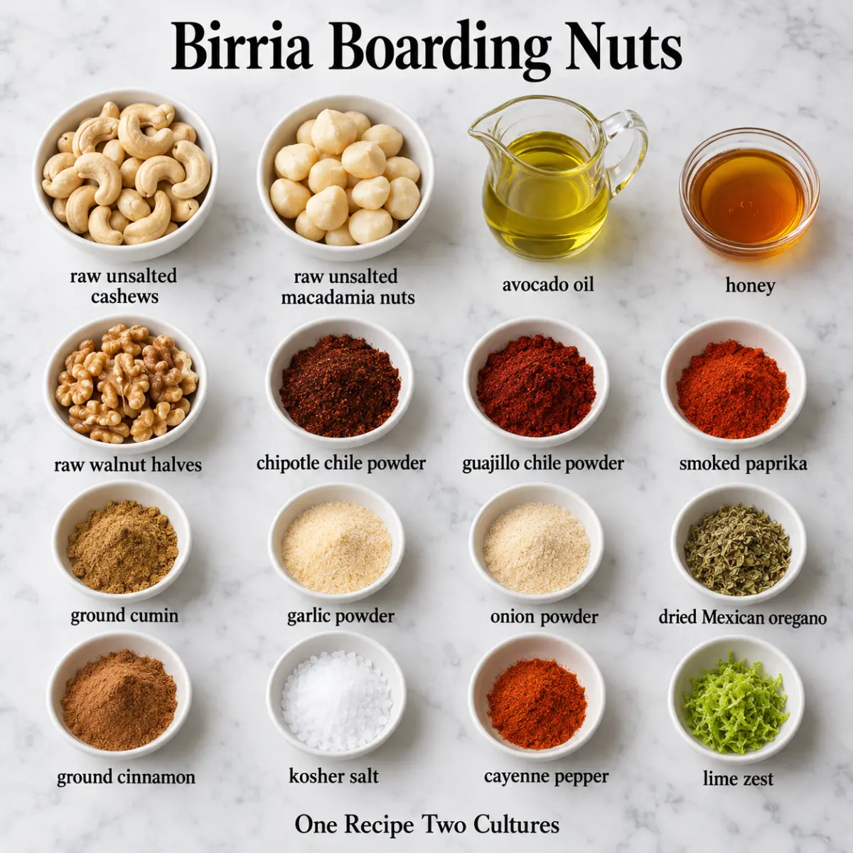 Birria Boarding Nuts ingredient card with ingredient names only on gray marble.