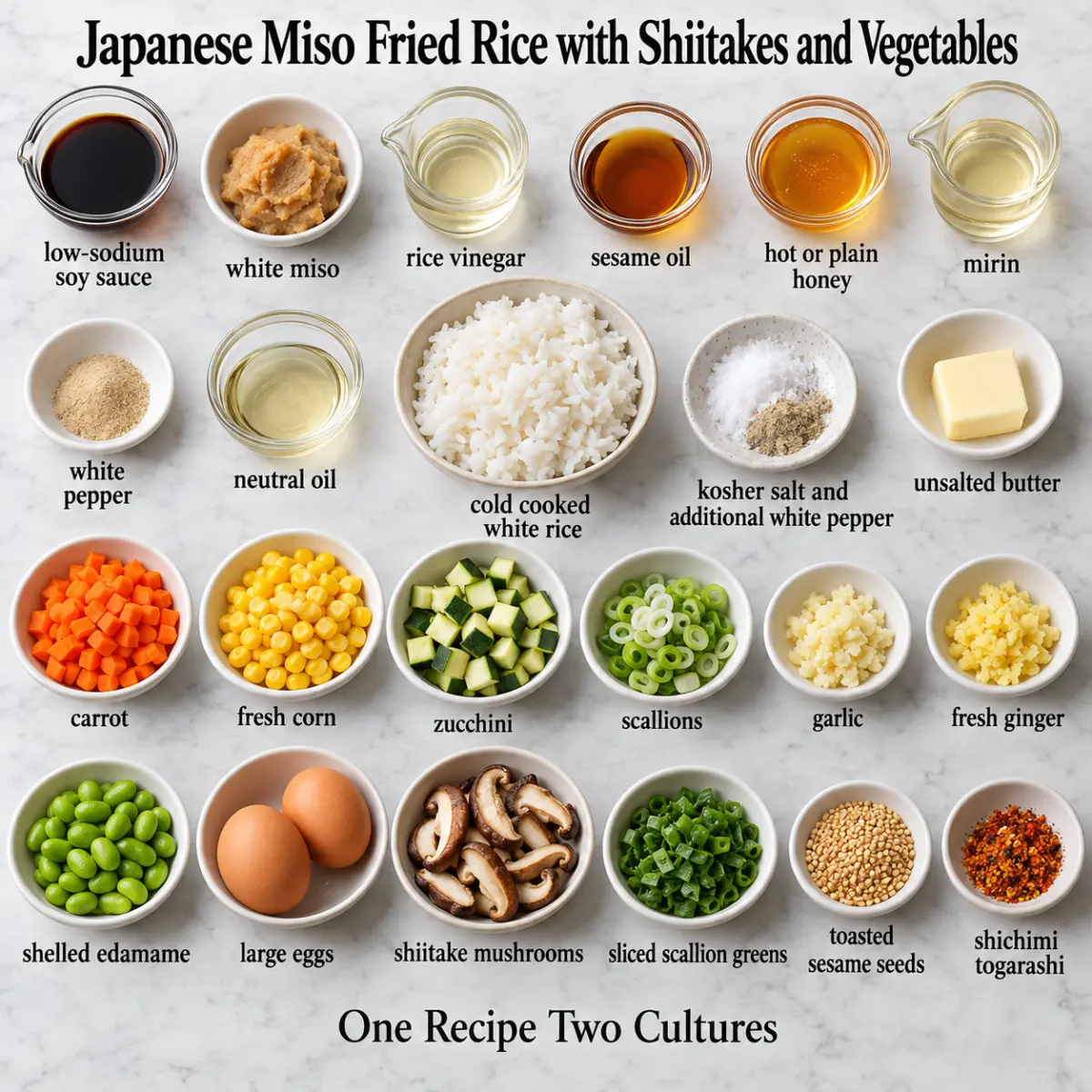 Japanese Miso Fried Rice with Shiitakes and Vegetables ingredient card with ingredient names only on gray marble.