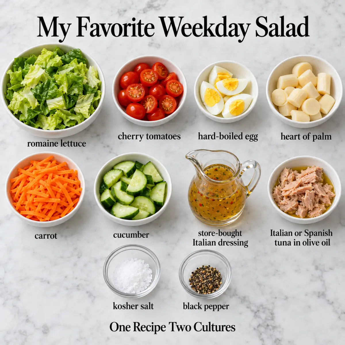 My Favorite Weekday Salad ingredient card with ingredient names only on gray marble.