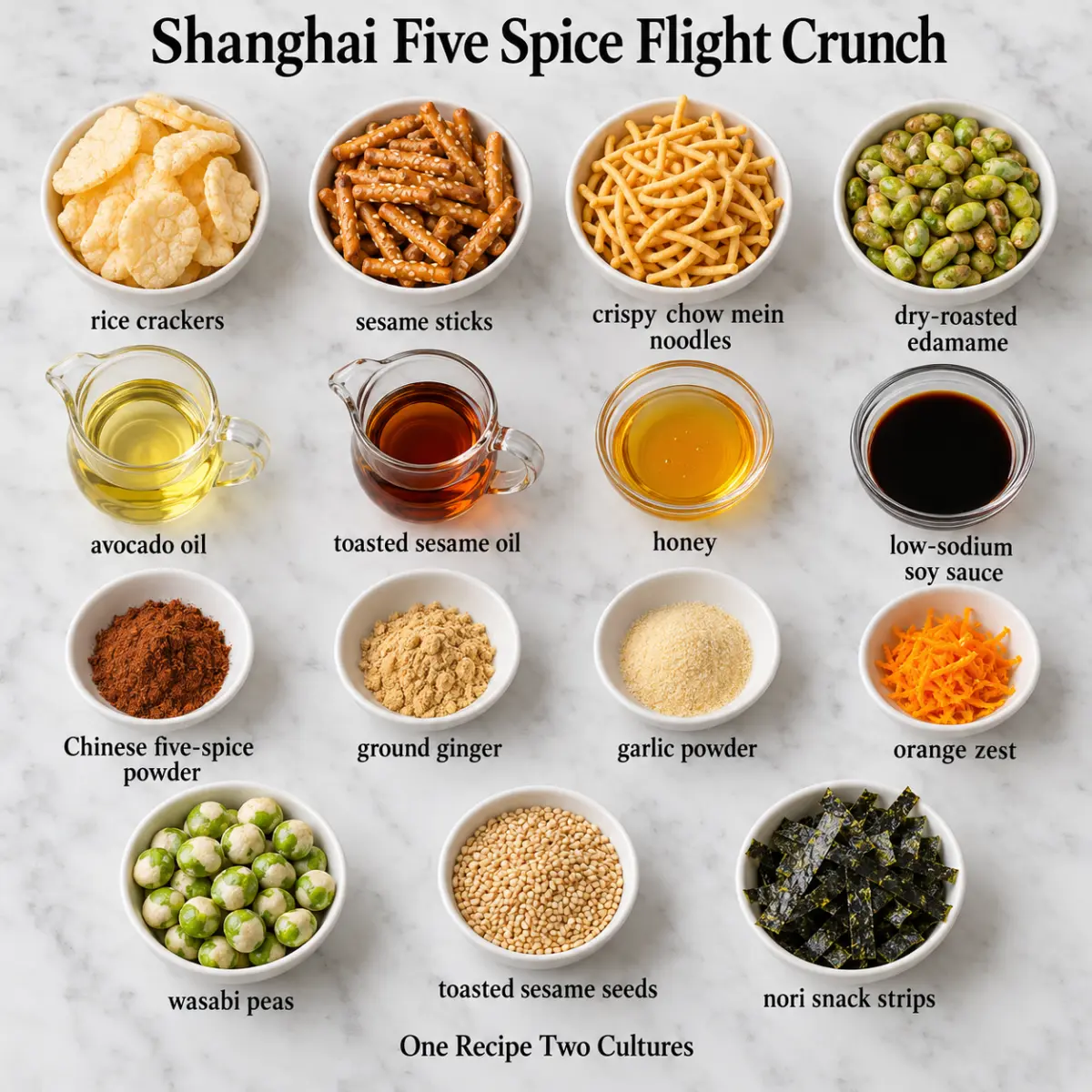 Shanghai Five Spice Flight Crunch ingredient card with ingredient names only on gray marble.